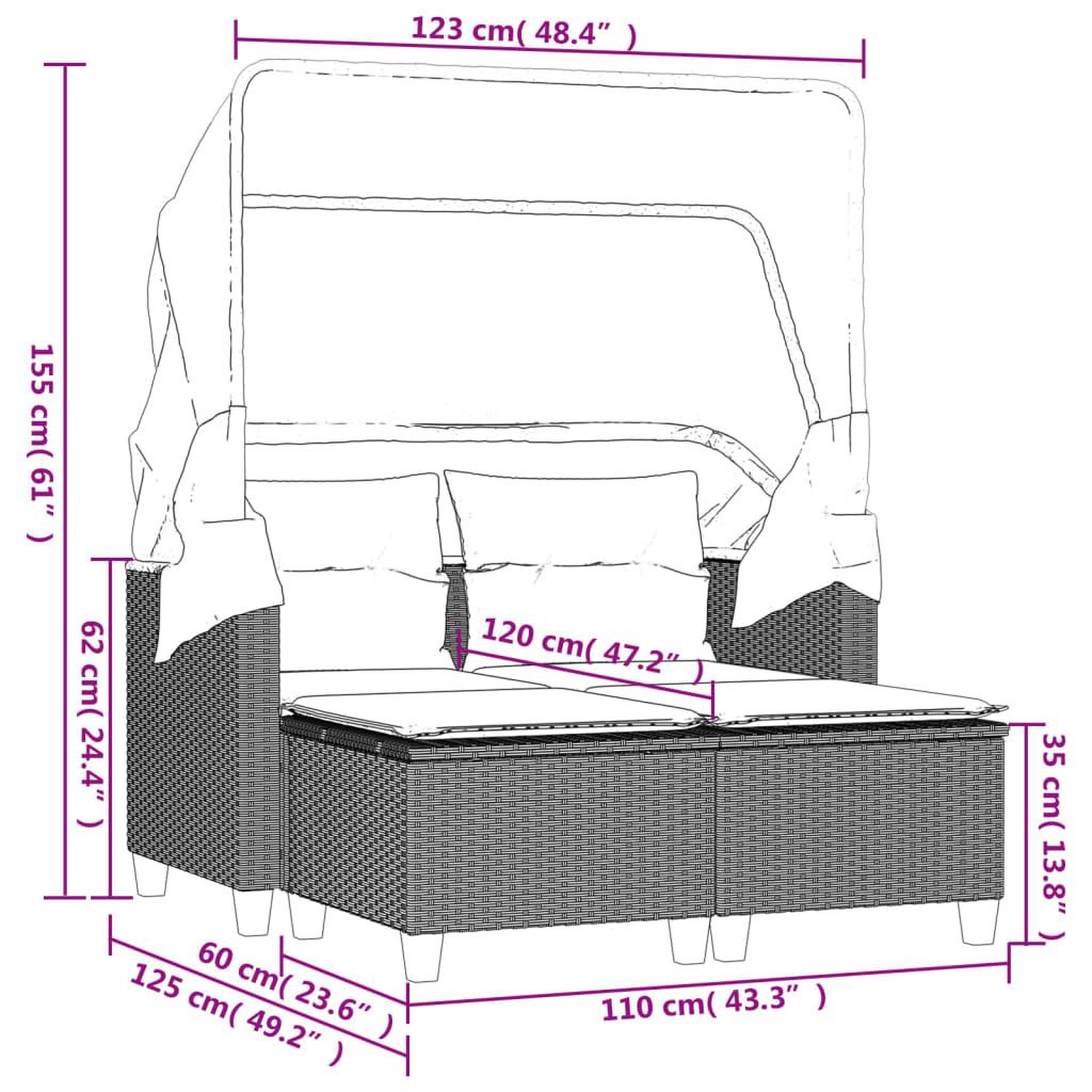 Voir la diapositive 6 : VIDAXL Canape de jardin 2 places avec auvent et tabourets beige rotin