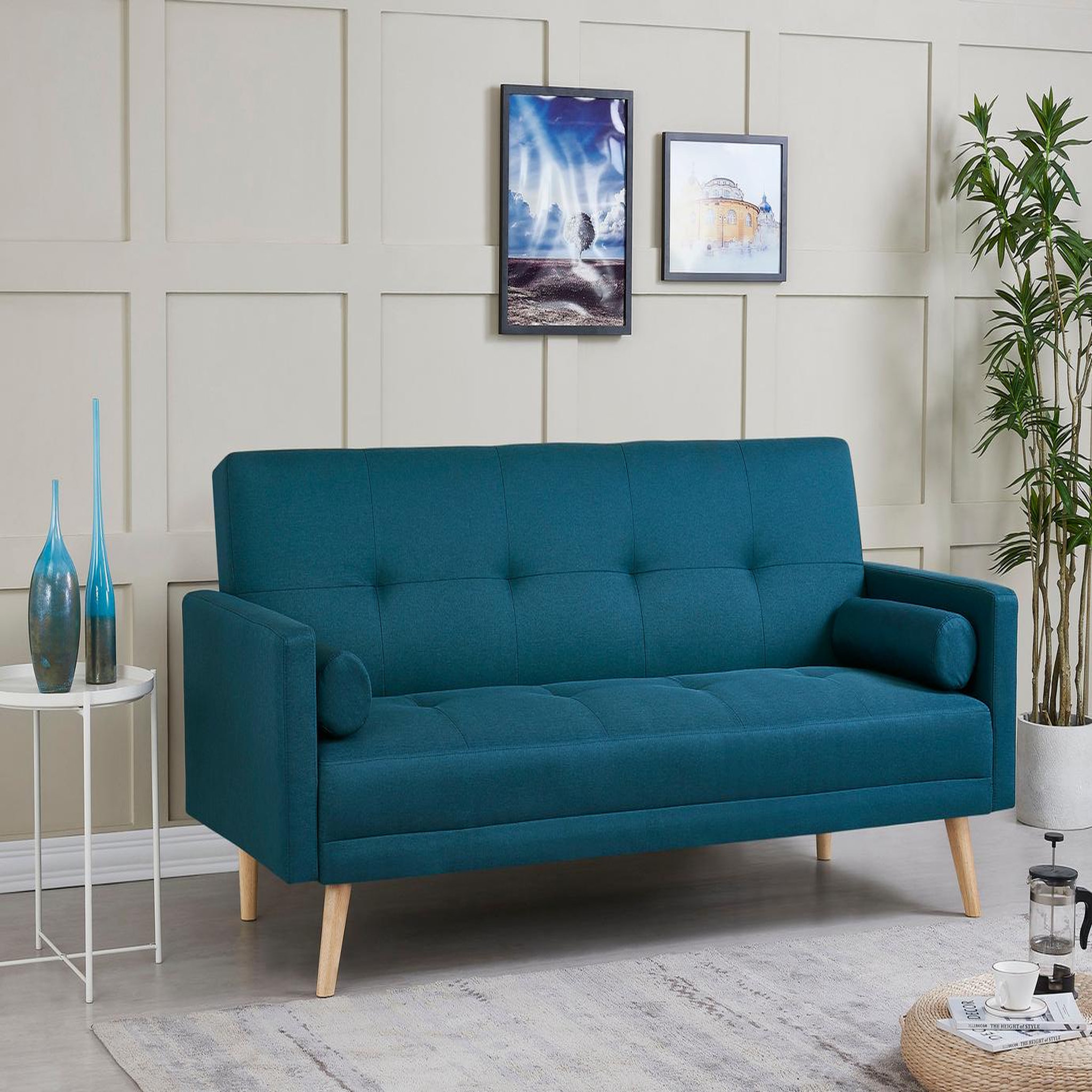 Voir la diapositive 3 : CONCEPT USINE Canapé scandinave convertible 3 places en tissu bleu canard wooden