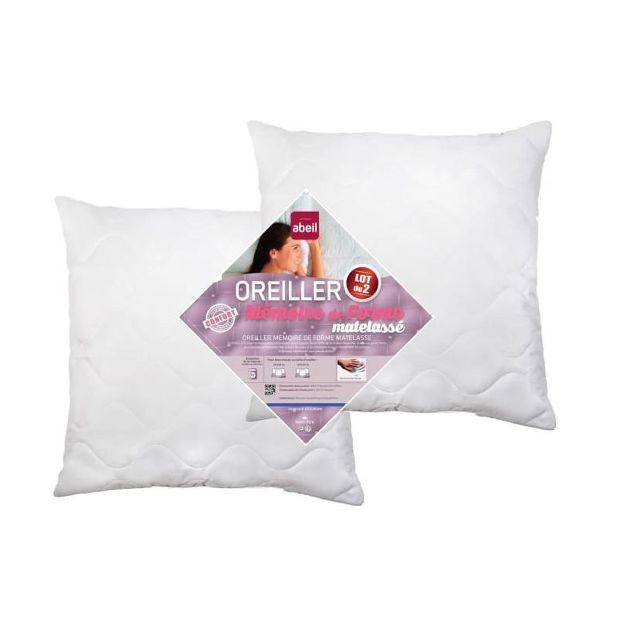 Voir la diapositive 2 : ABEIL ABEIL Lot de 2 Oreillers a memoire de forme matelasses 60x60 cm blanc