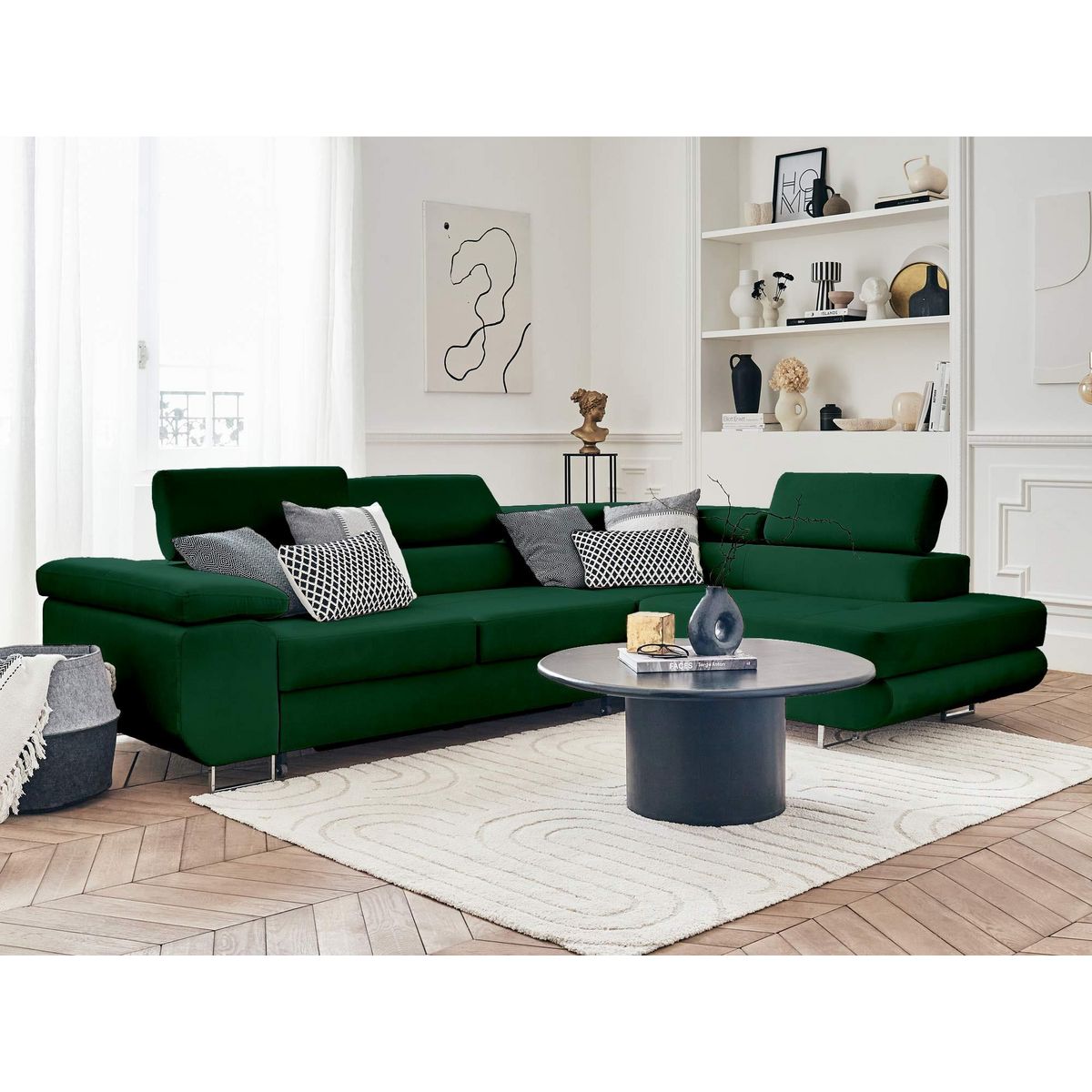 BEST MOBILIER Pablo - canapé d'angle droit - 5 places - convertible avec coffre et têtières réglables - en velours