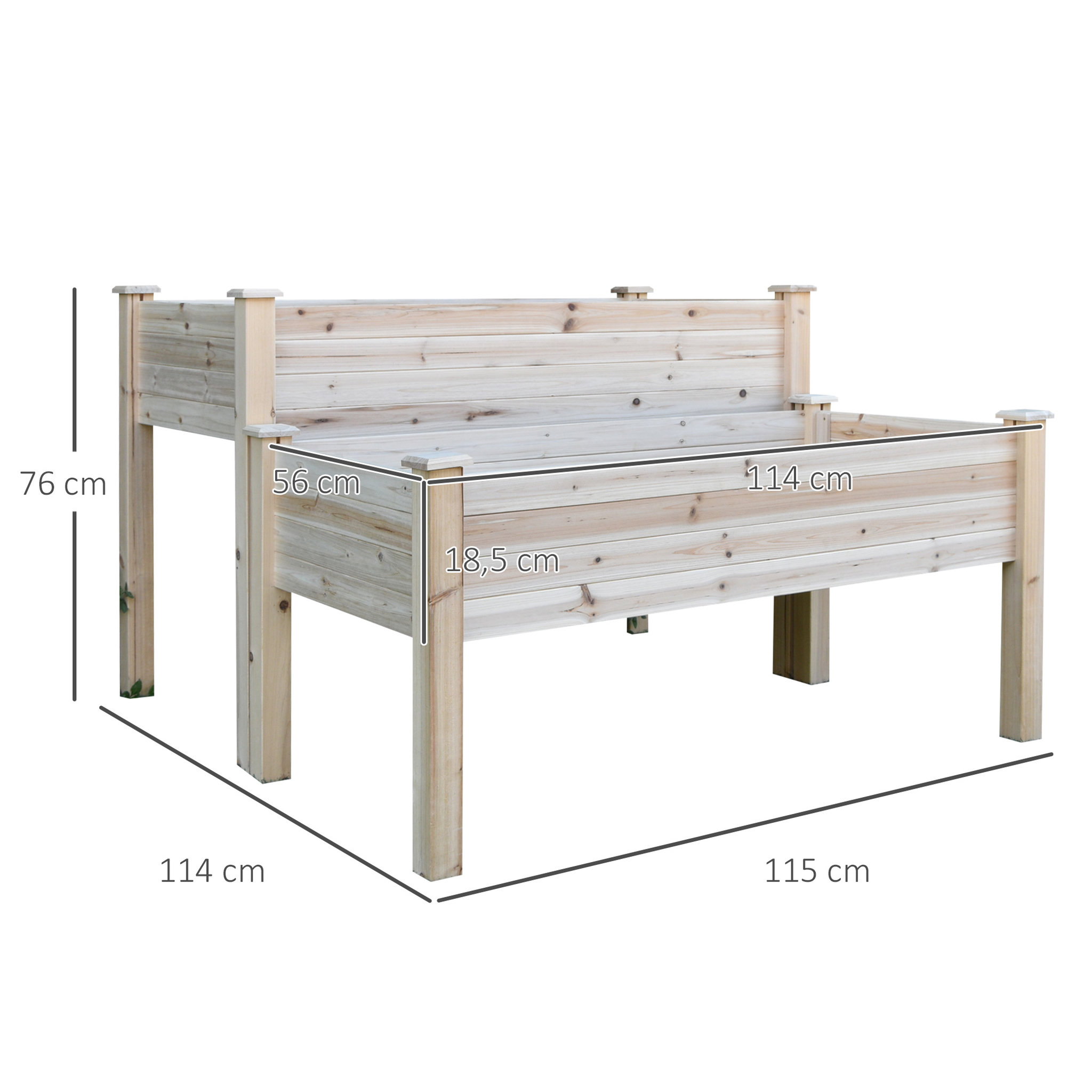 Voir la diapositive 3 : OUTSUNNY Jardinière sur pieds carré potager 2 étages dim. 115L x 114l x 76H cm inserts d'irrigation bois sapin naturel