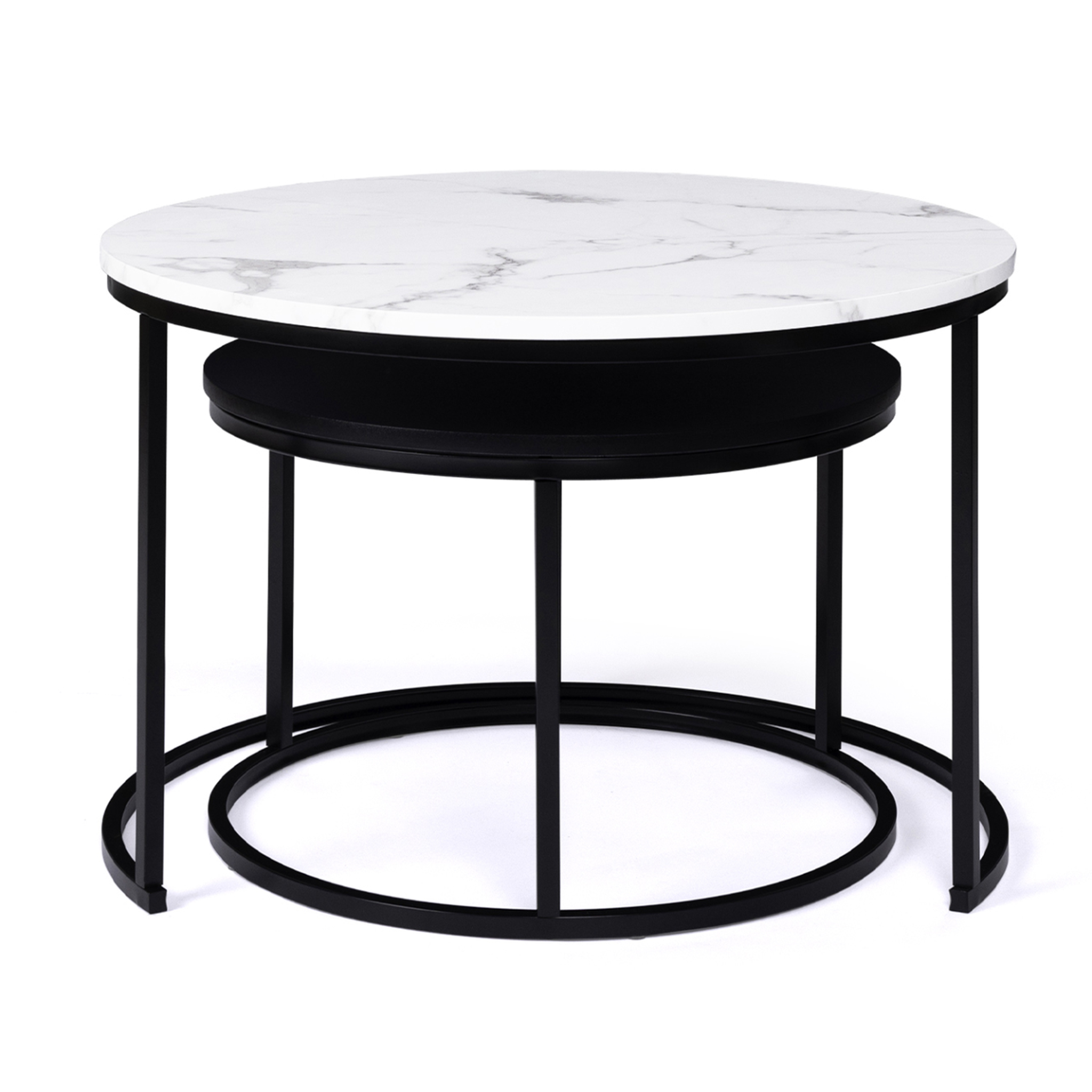 Voir la diapositive 3 : ID MARKET Lot de 2 tables basses gigognes alaska rondes 54/70 effet marbre et noir pieds métal