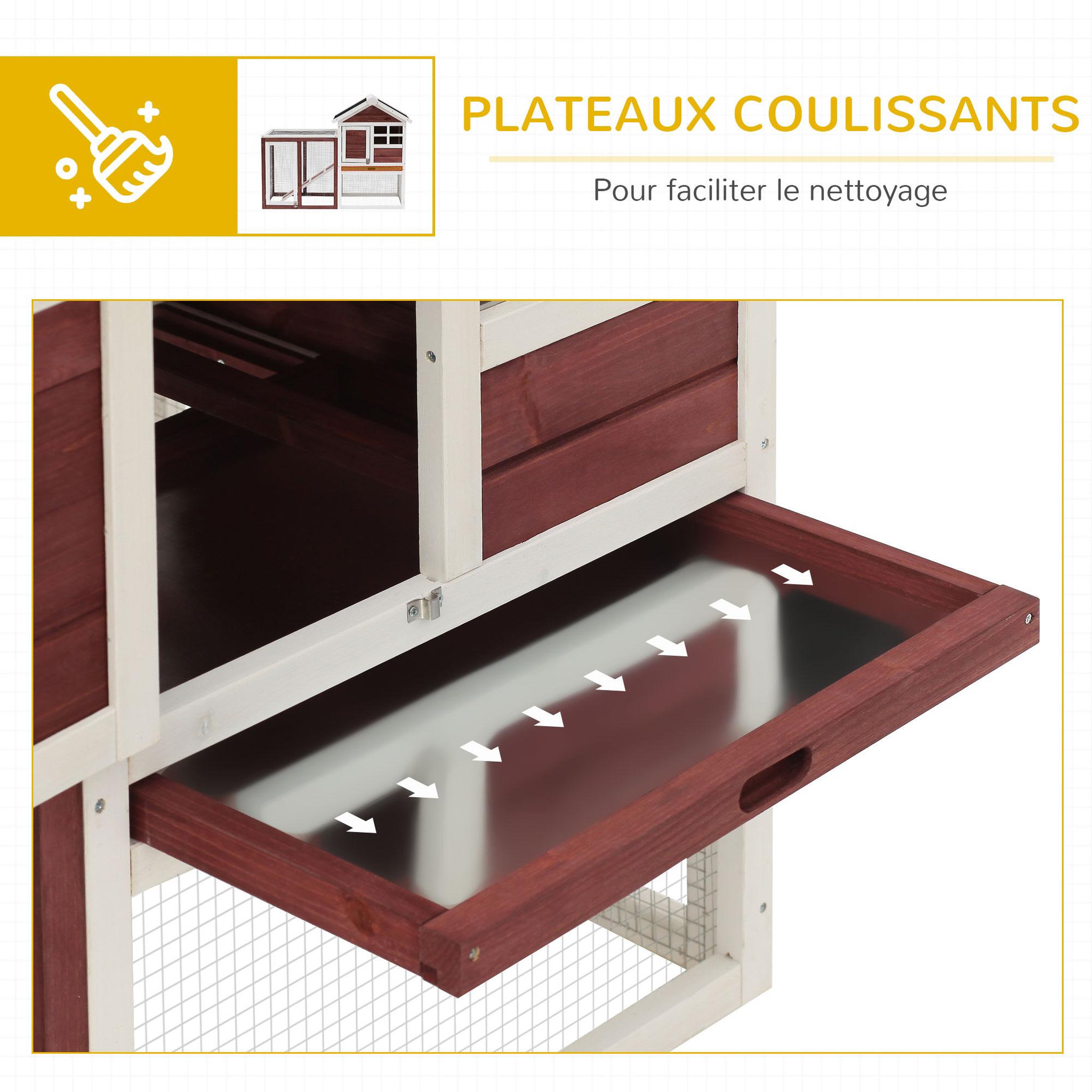 Voir la diapositive 6 : PAWHUT Clapier cage à lapins multi-équipé : niche supérieure avec rampe, plateau excrément, fenêtre + enclos  extérieur sécurisé 2 portes 122l x 63l x 92h cm rouge brique