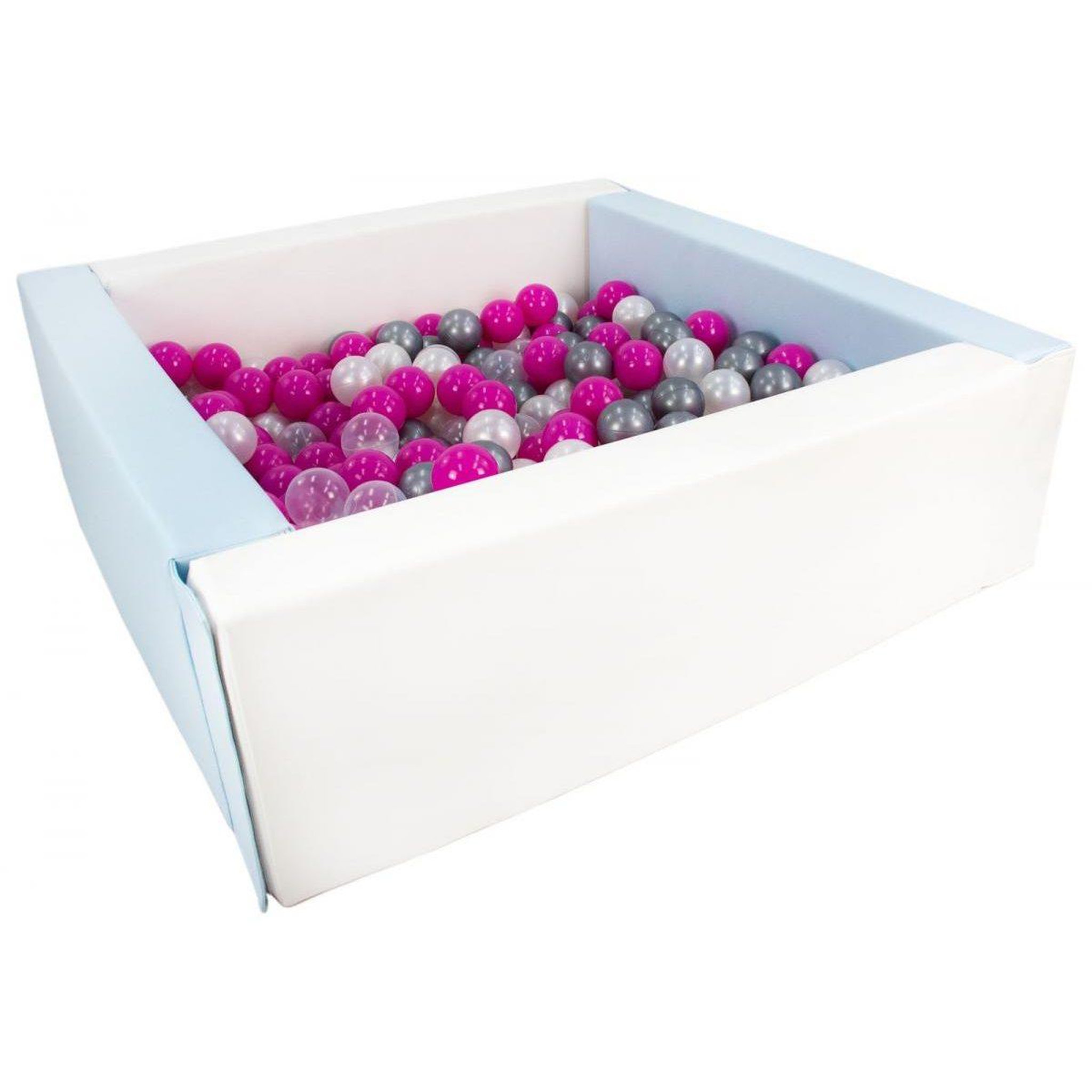 VELINDA Piscine à balles carrée avec 200 balles - blanc bleu (pastel)/perle, transparent, rose clair, argent