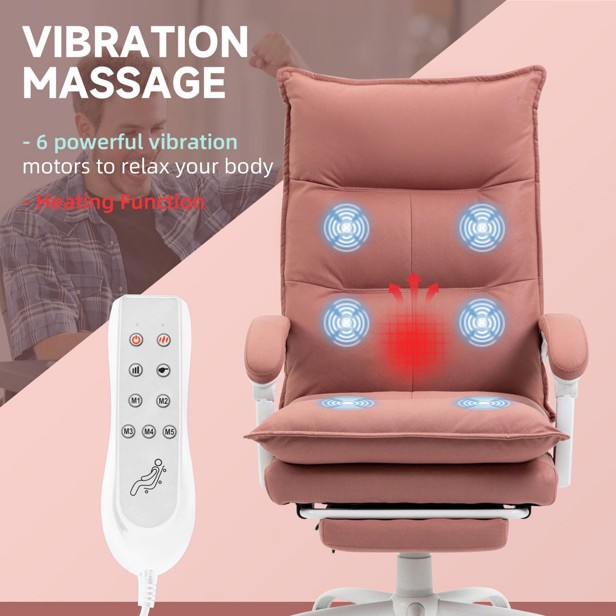 VINSETTO Fauteuil de bureau massant chauffant inclinable réglable repose-pieds rétractable microfibre rose