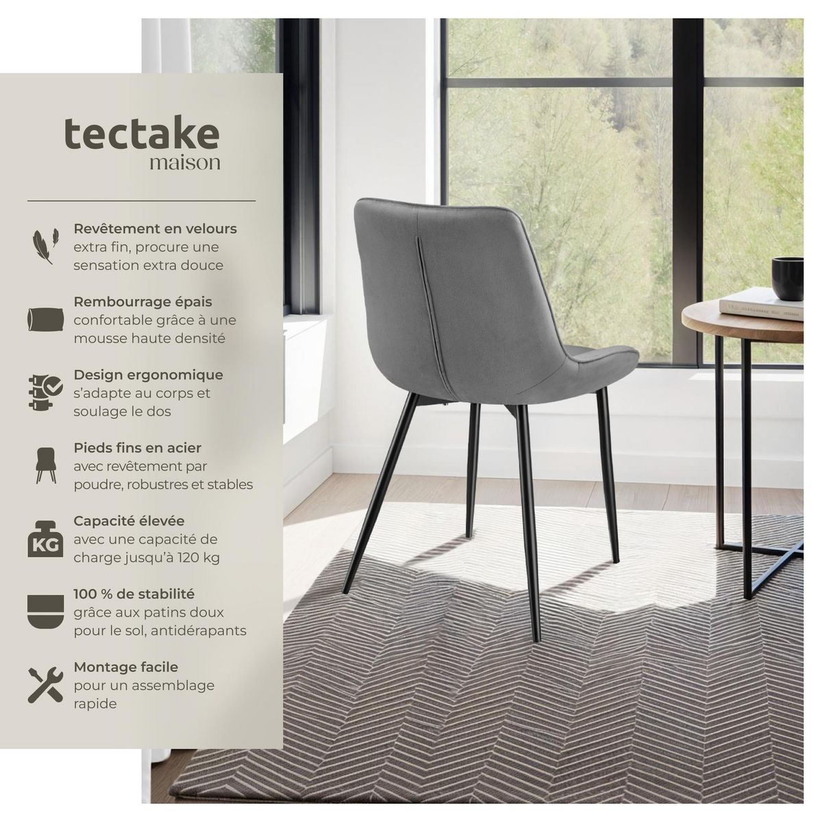 tectake Lot de chaises rembourrées aspect velours gris Lot de 2