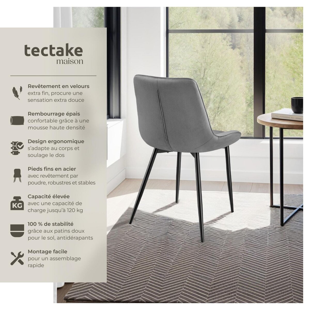 tectake Lot de chaises rembourrées aspect velours gris Lot de 2