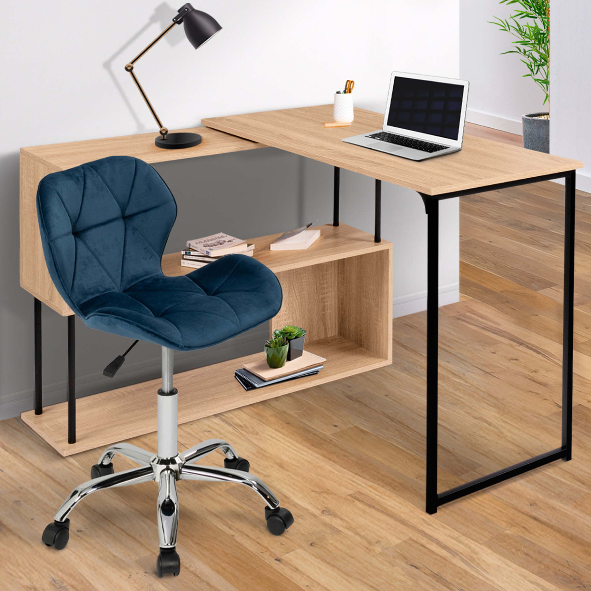 Voir la diapositive 2 : ID MARKET Chaise de bureau robine velours bleu à roulettes