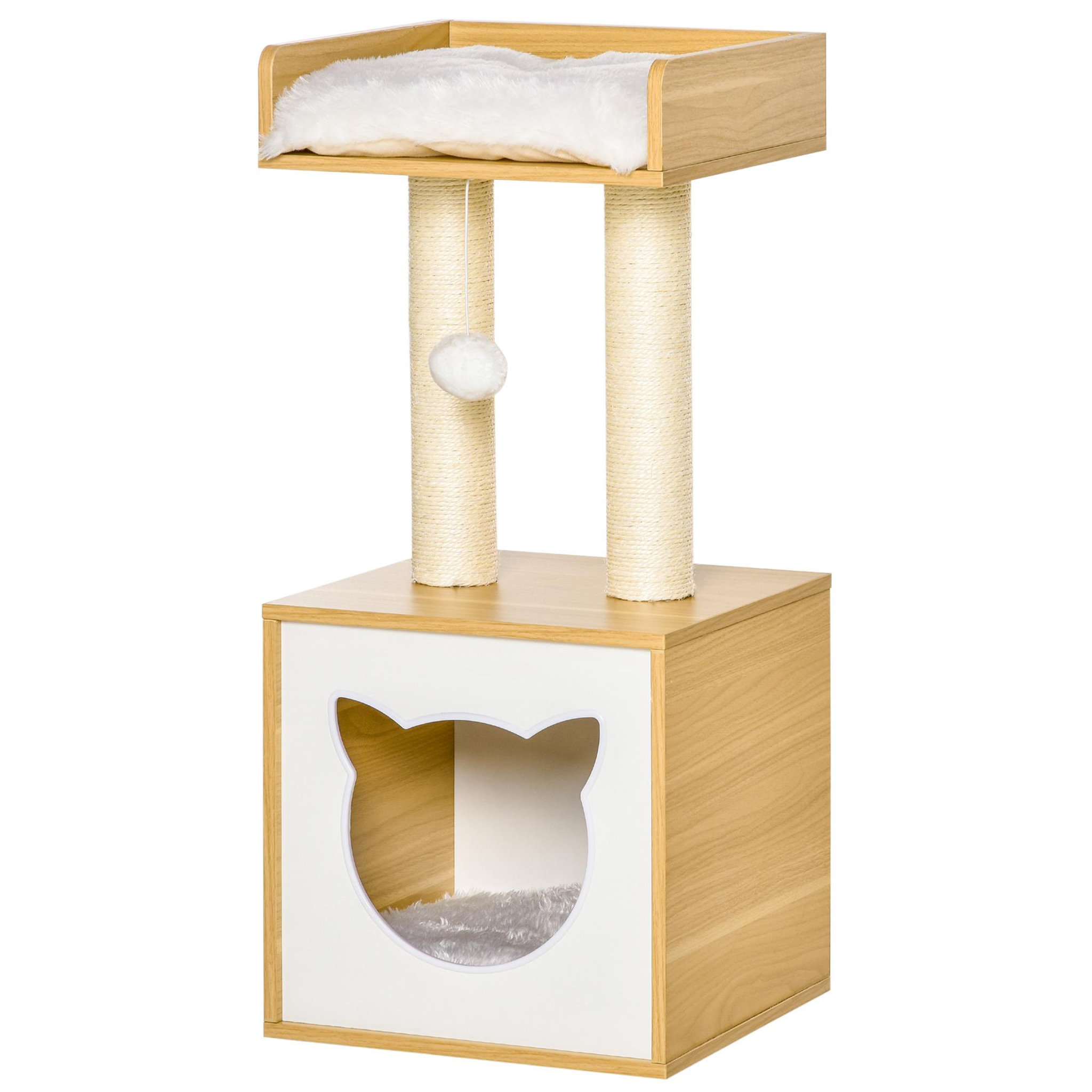 PAWHUT Arbre à chat 2 griffoirs niche entrée tête de chat plateforme d'observation jouet suspendu coussins amovibles peluche grande douceur aspect bois clair