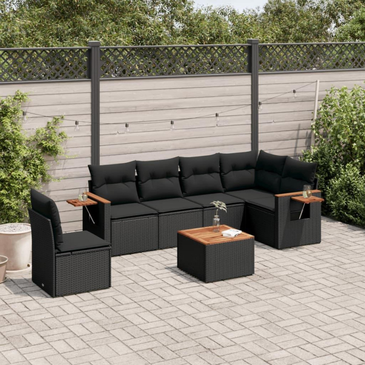 VIDAXL Salon de jardin 7 pcs avec coussins noir resine tressee