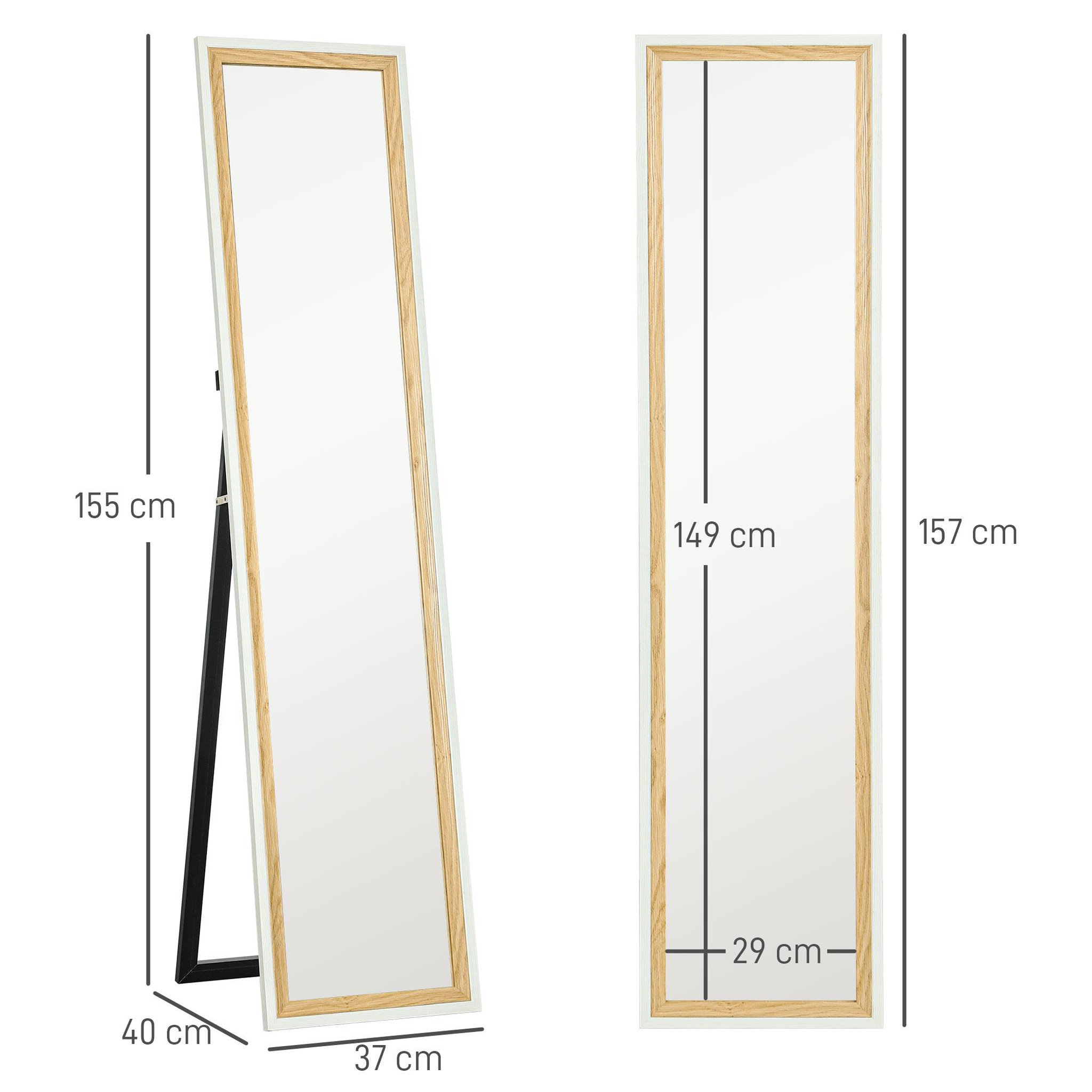 Voir la diapositive 2 : HOMCOM Miroir sur pied et mural design pleine longueur 37 x 157 cm cadre bicolore effet bois clair blanc