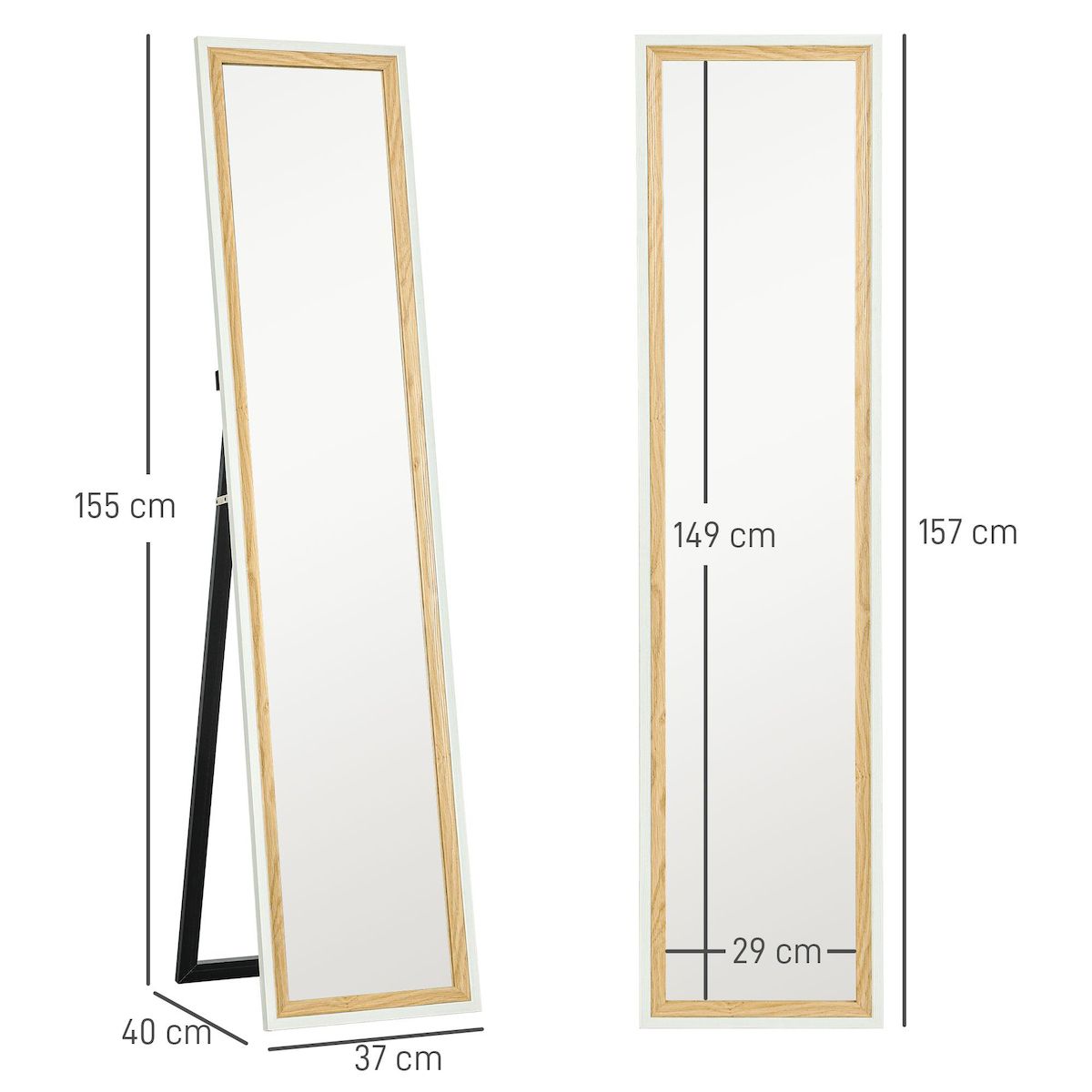 HOMCOM Miroir sur pied et mural design pleine longueur 37 x 157 cm cadre bicolore effet bois clair blanc