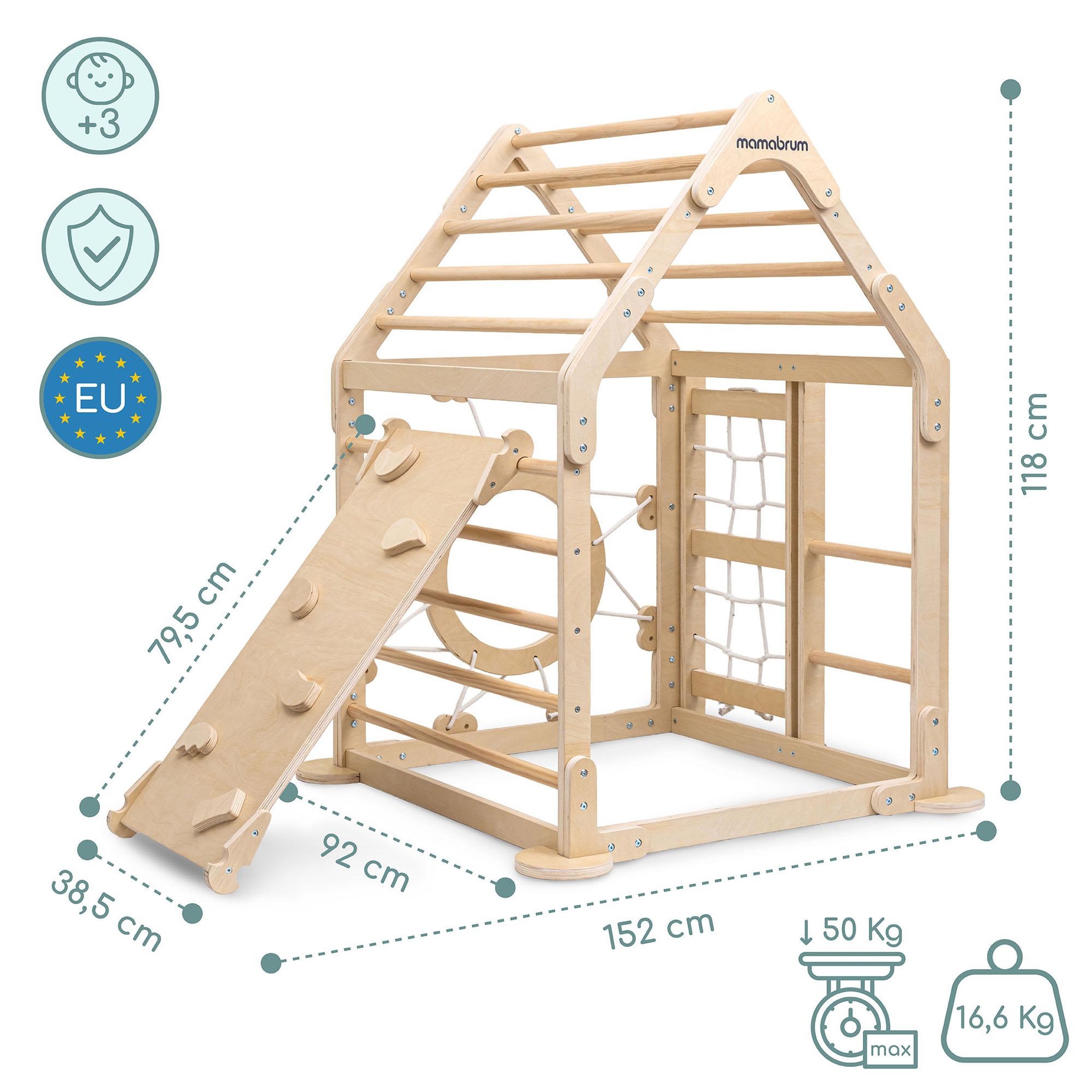 Voir la diapositive 5 : MAMABRUM Aire de Jeux Intérieure en Bois Mamabrum avec Mur d'Escalade, Échelles, Filet et Toboggan