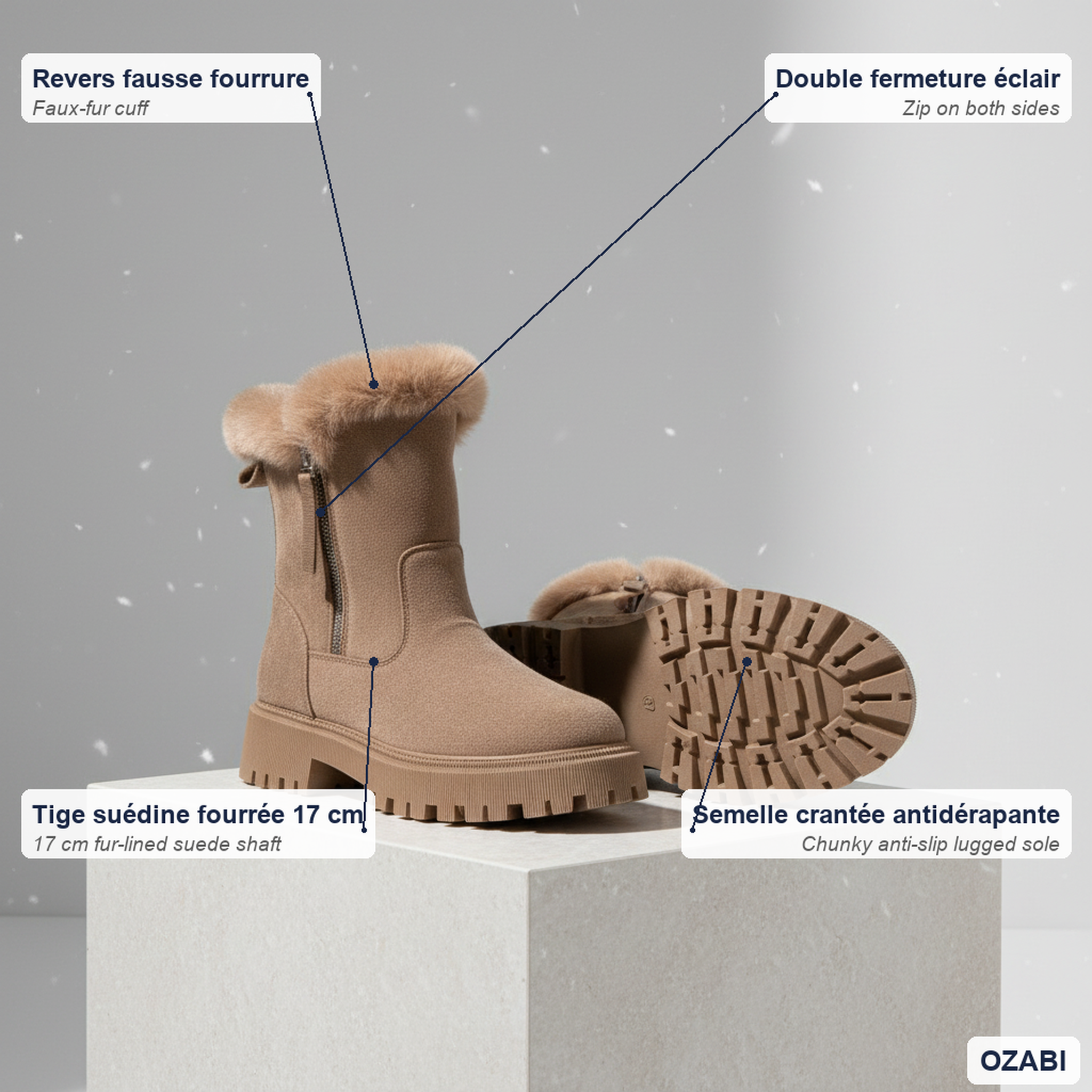 Voir la diapositive 4 : OZABI Ozabi bottines fourrées femme suédine zippée semelle crantée