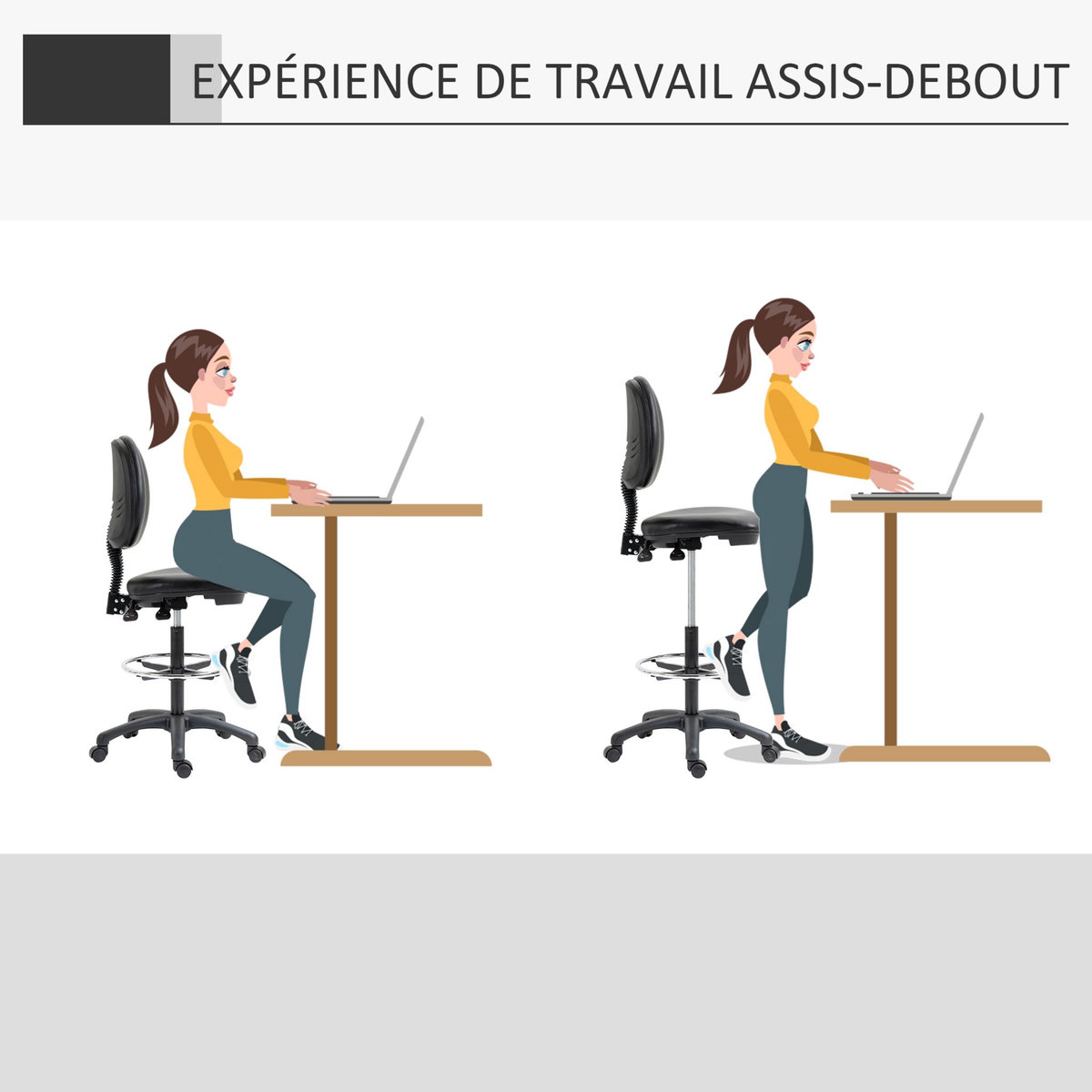 HOMCOM Tabouret à roulettes réglable en hauteur 69-91 cm avec dossier inclinable et repose-pieds réglable