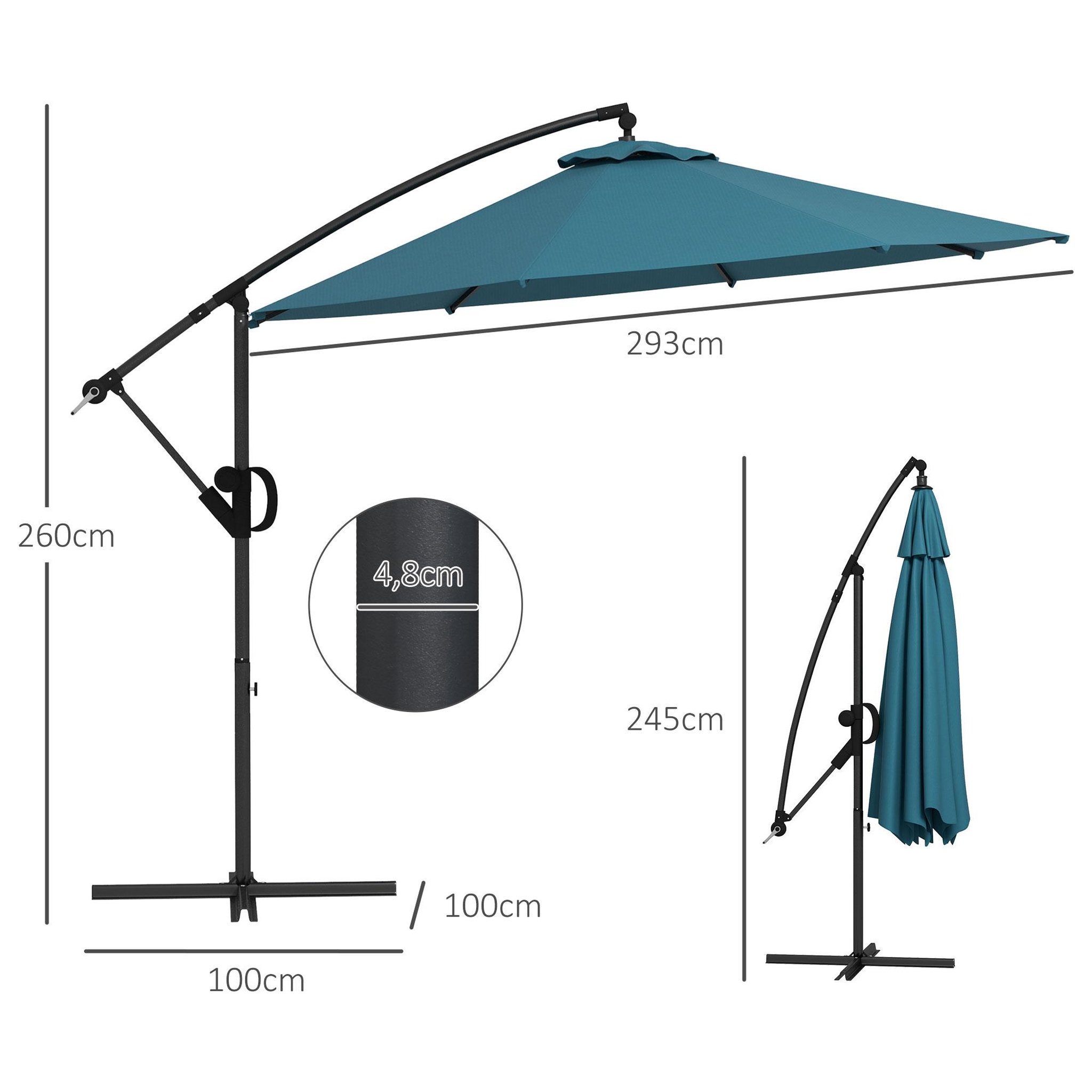 Voir la diapositive 3 : OUTSUNNY Parasol déporté octogonal inclinable Ø 2,93 x 2,60 m avec pied métal époxy alu bleu canard