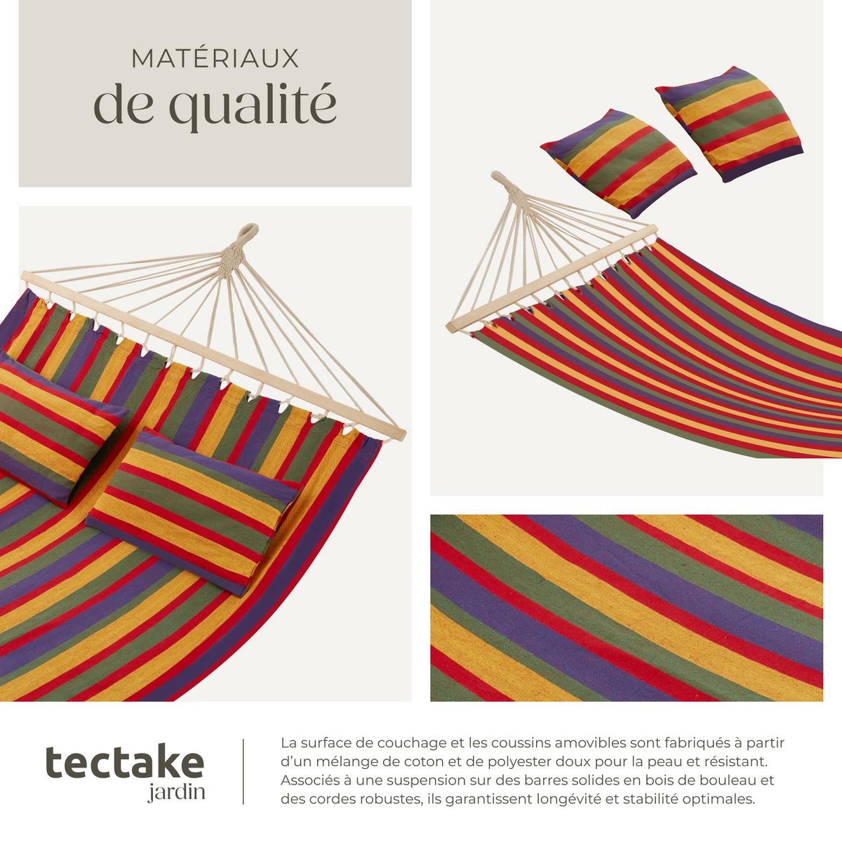 tectake Hamac avec barres d'expansion pour 2 personnes avec des rayures colorées
