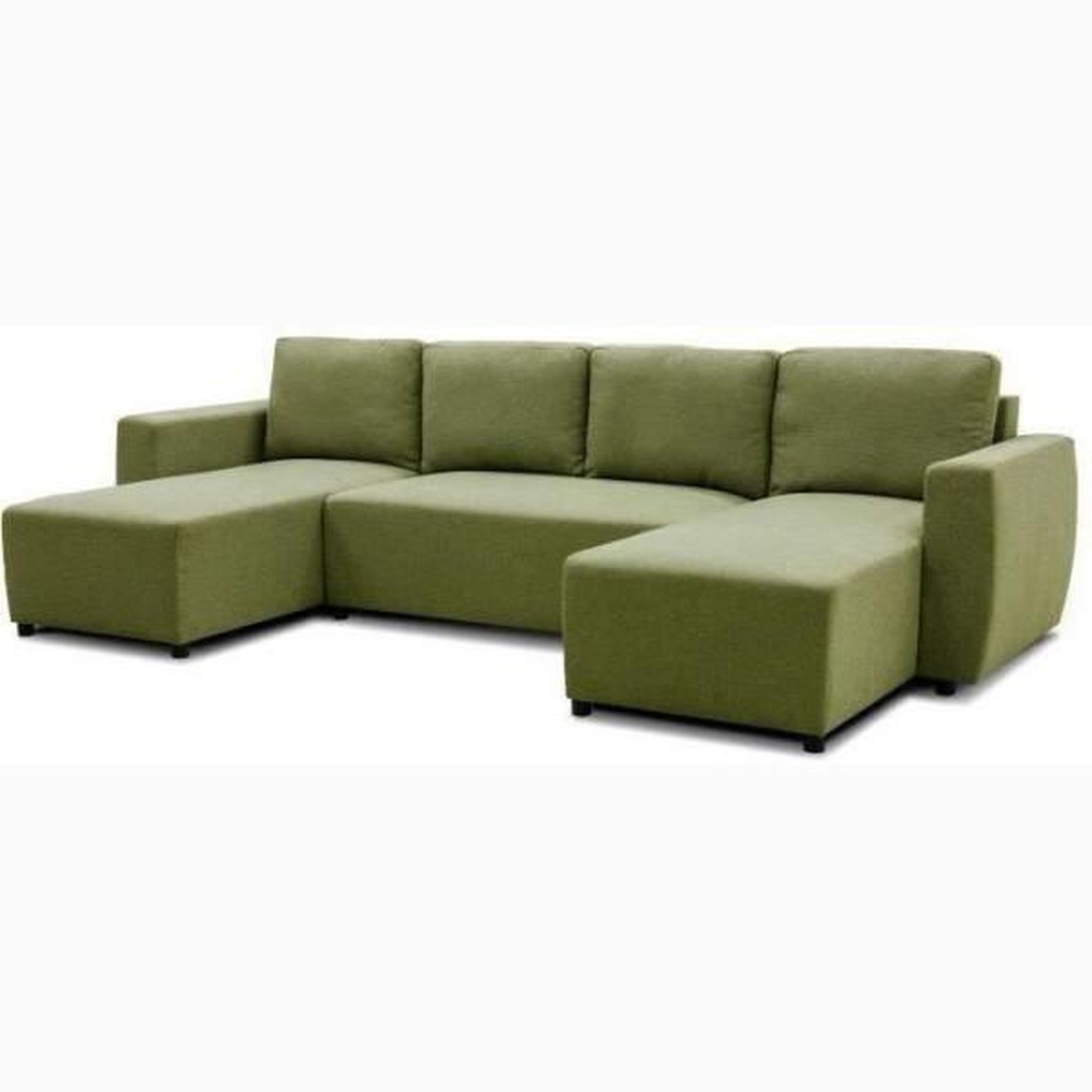 MARKET24 Canapé d'angle convertible panoramique PHARELL 5/6 places - Tissu olive - Coffre de rangement - L297 x P155 x H85 cm