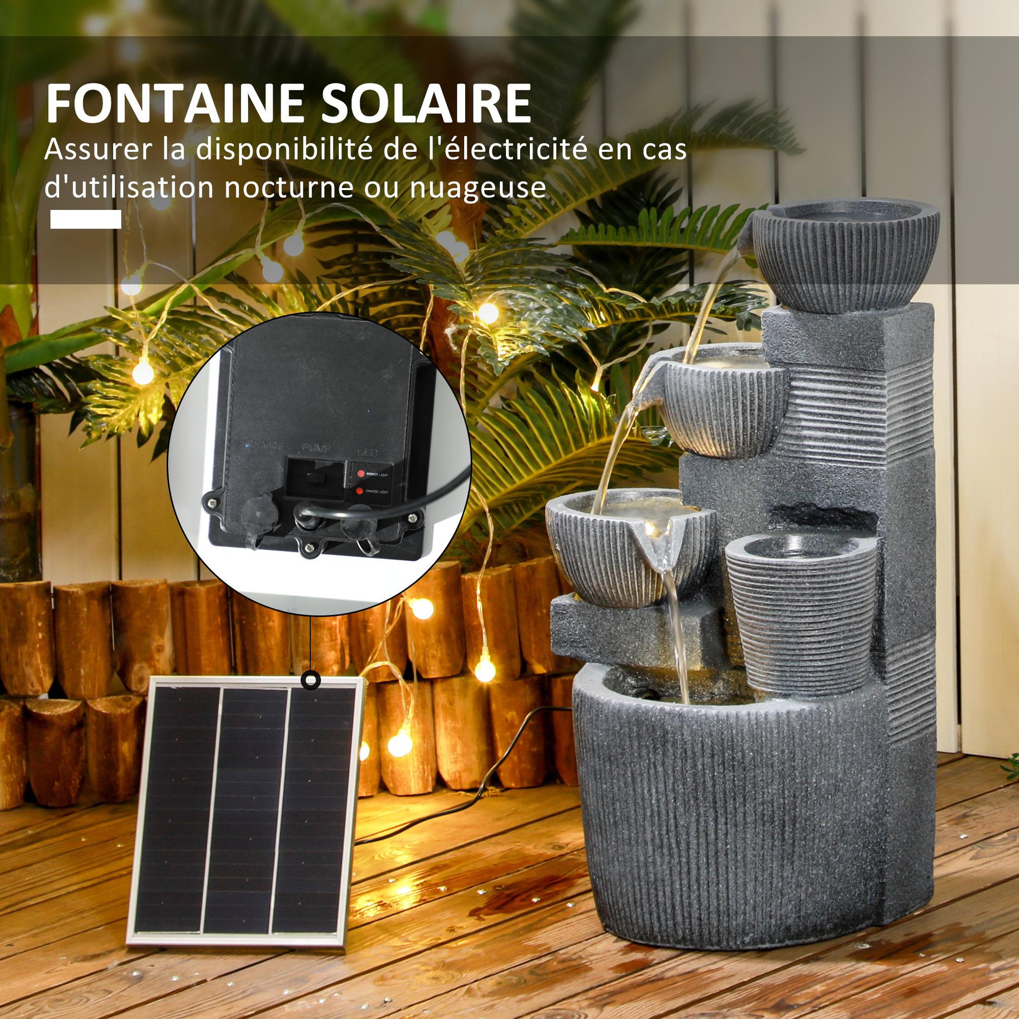 Voir la diapositive 6 : OUTSUNNY Fontaine de jardin à énergie solaire - fontaine cascade LED 4 niv. - pompe, pot de fleur - résine grise