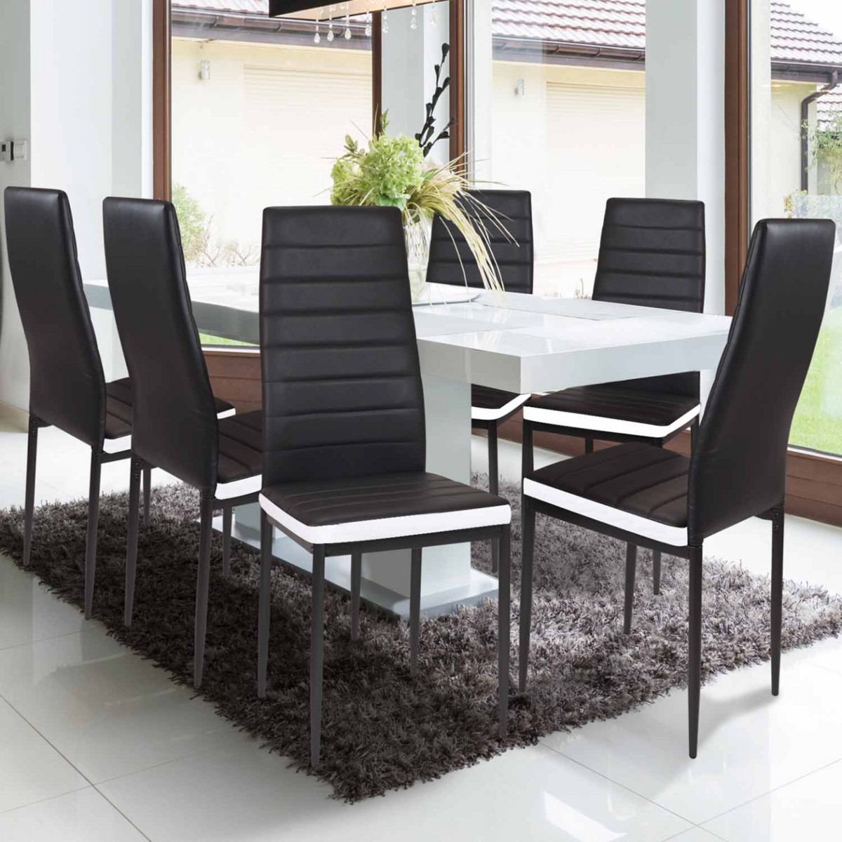 ID MARKET Lot de 6 chaises ROMANE noires bandeau blanc pour salle à manger