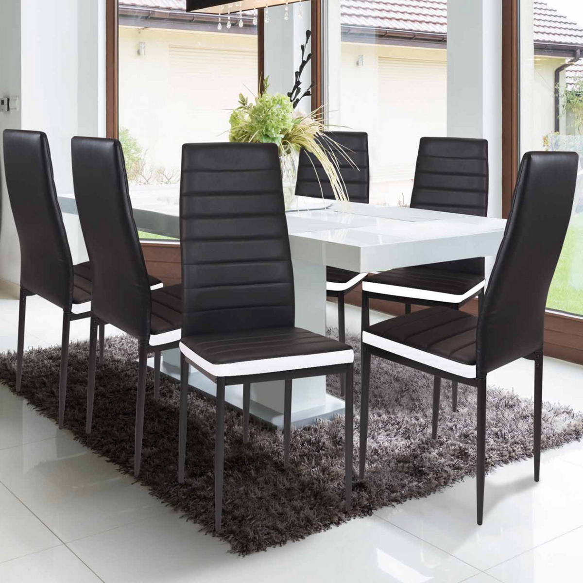 ID MARKET Lot de 6 chaises ROMANE noires bandeau blanc pour salle à manger