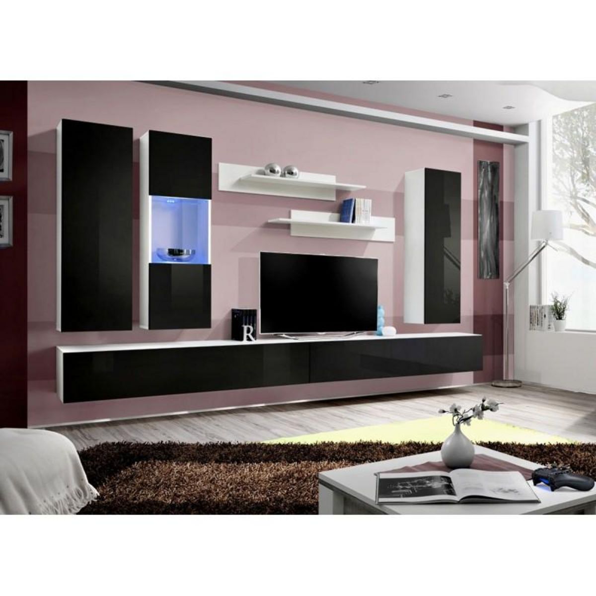 Paris Prix Meuble TV Mural Design  Fly V  320cm Noir & Blanc