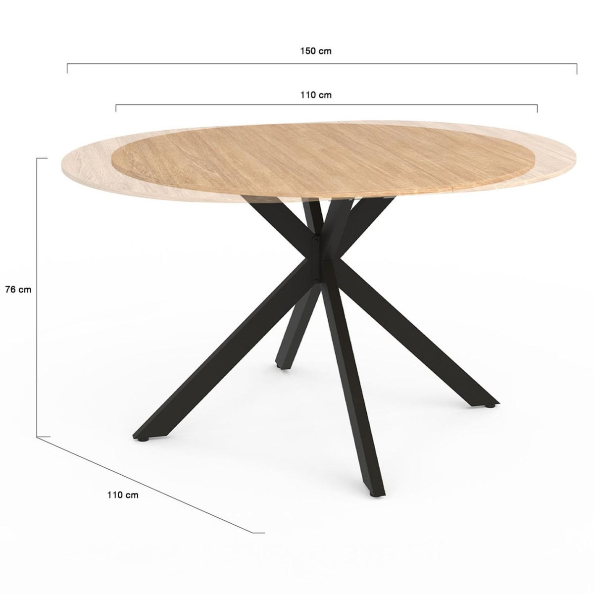 ID MARKET Table à manger extensible ronde ALIX 4-8 personnes pied araignée bois et noir 110-150 cm