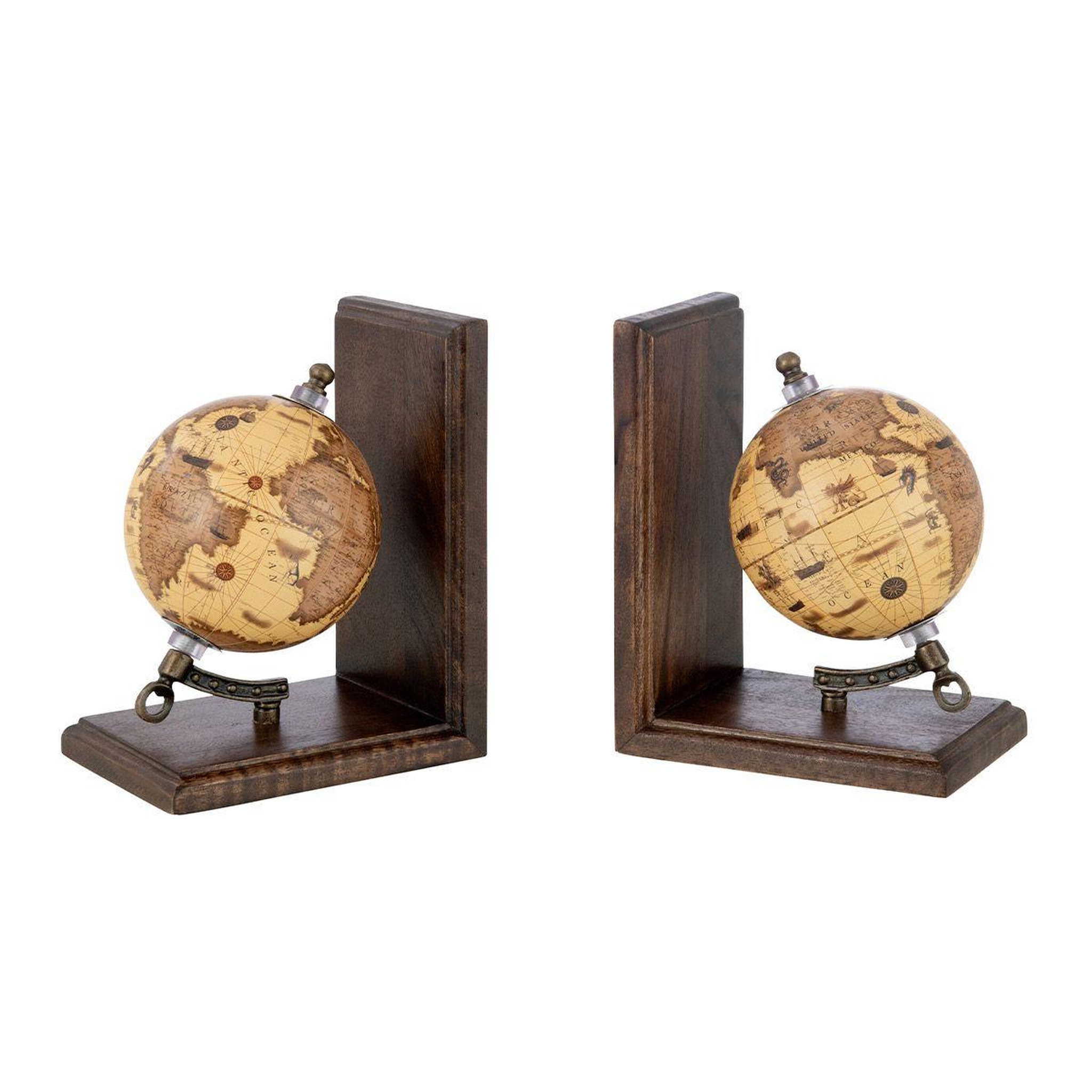 Voir la diapositive 1 : J-LINE Lot de 2 serre-livres en bois  globe  18cm marron & orange