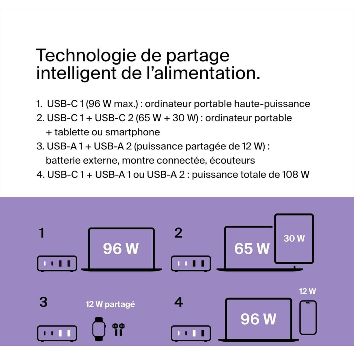 Belkin Chargeur 4 ports 2 USB-C 2 USB-A 108W Noir