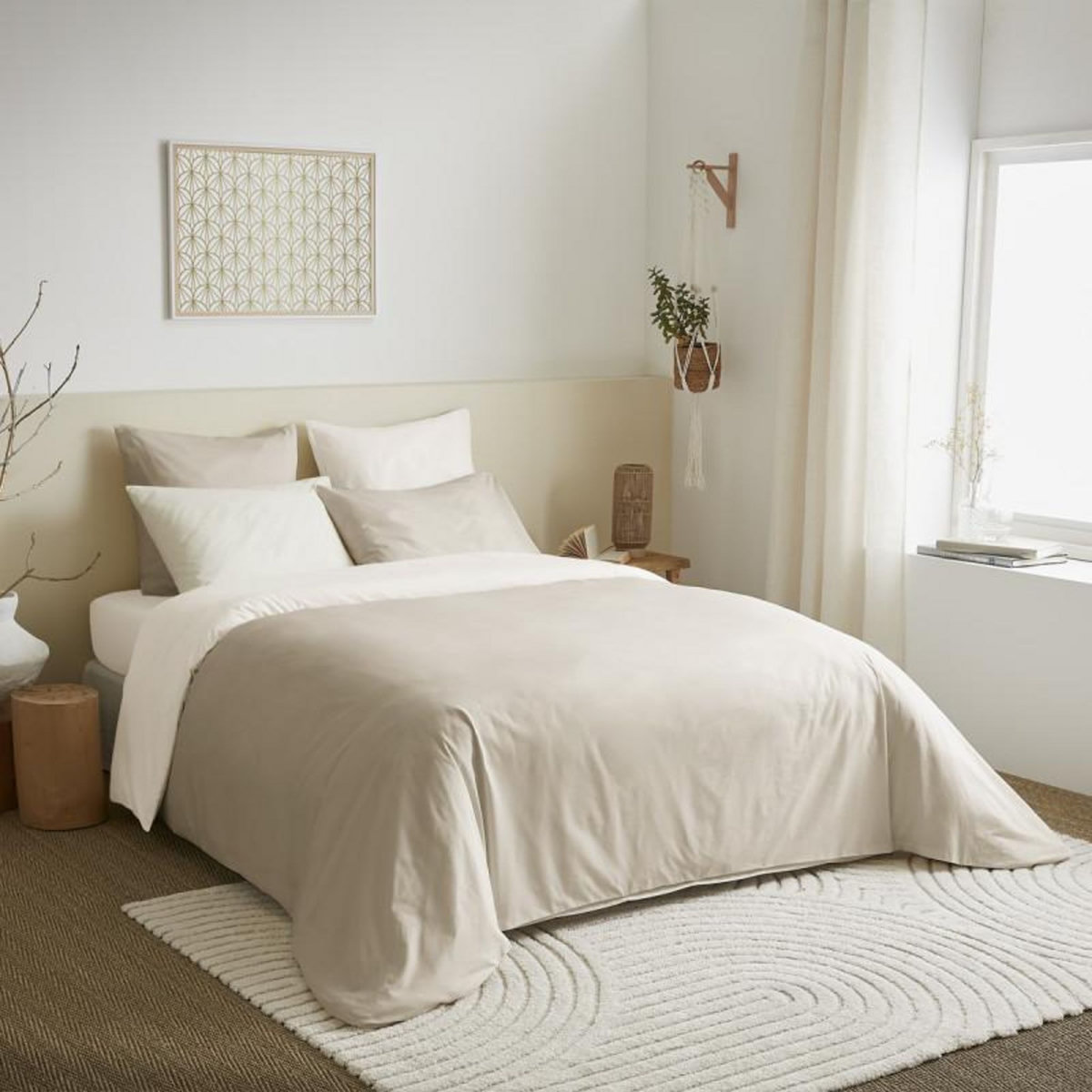 COTON PUR Pack complet 6 pièces Lin/Blanc réversible housse de couette pour lit 140 x 190 cm