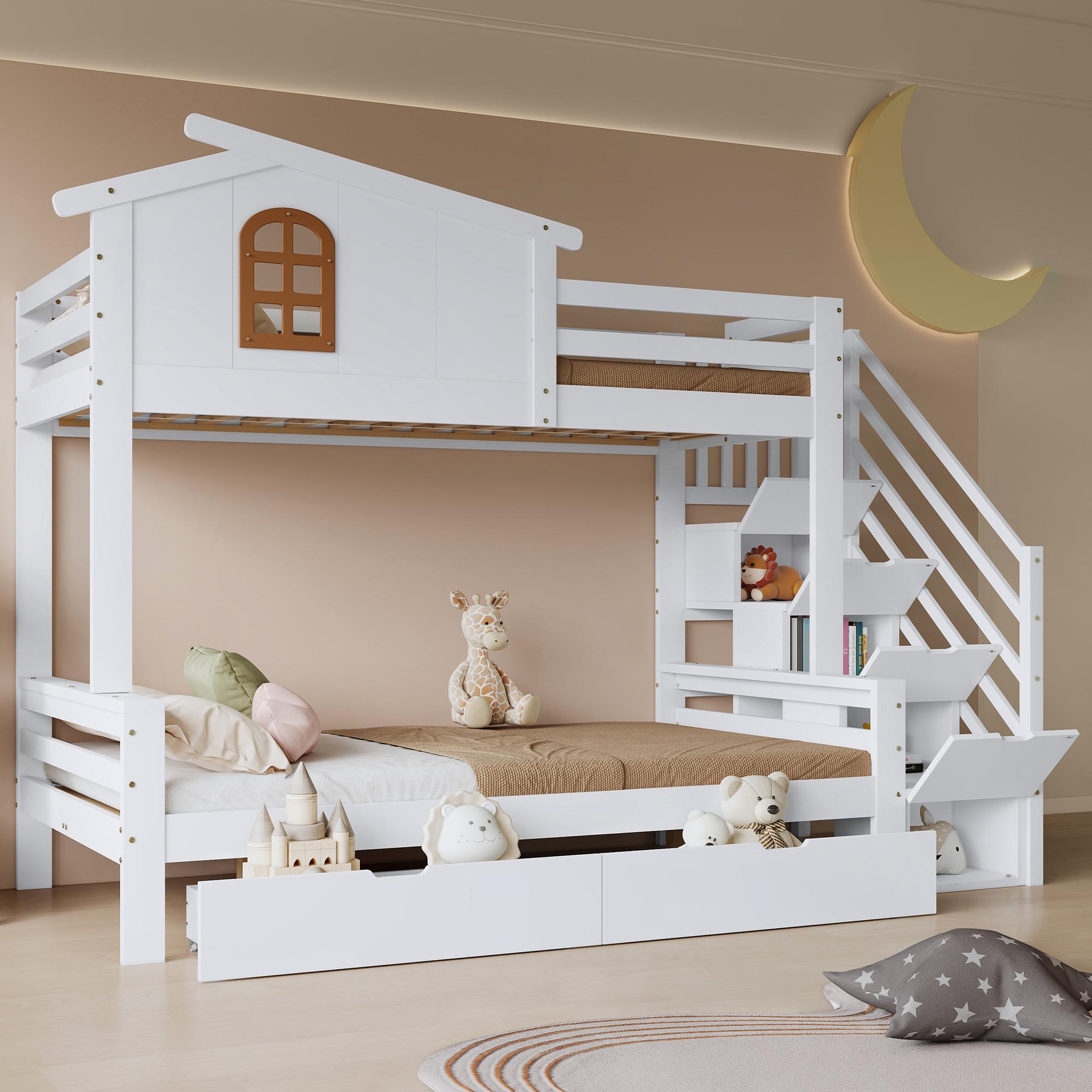 Voir la diapositive 5 : MERAX Lit superposé 120x200(90x200)cm coloris blanc+naturel pin et mdf