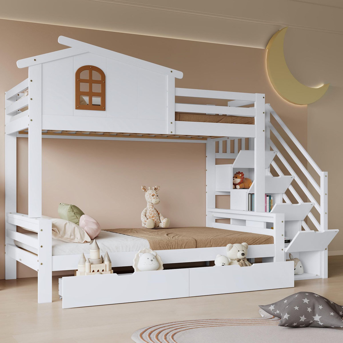 MERAX Lit superposé 120x200(90x200)cm coloris blanc+naturel pin et mdf