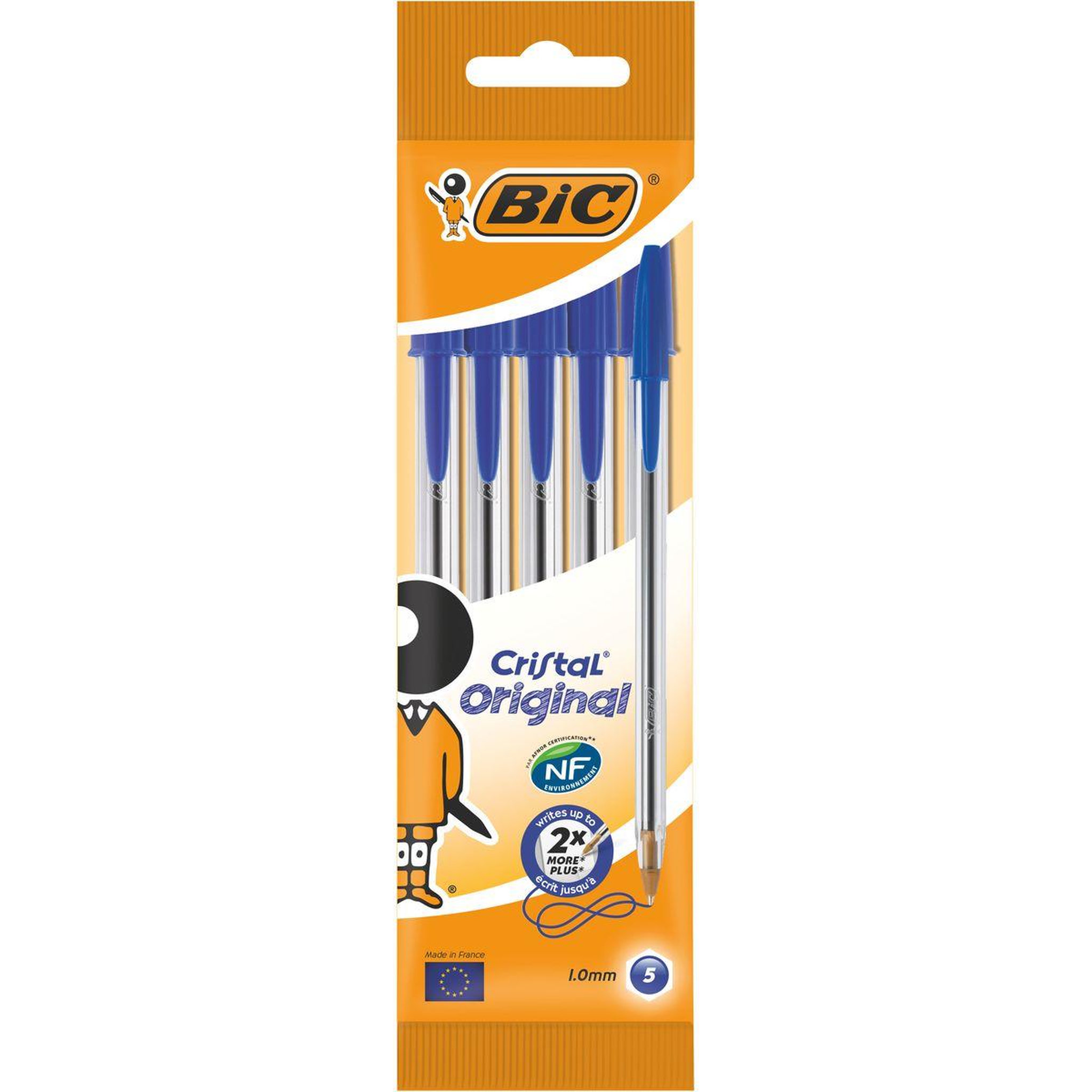 BIC Lot de 5 stylos bille pointe moyenne bleu CRISTAL ORIGINAL
