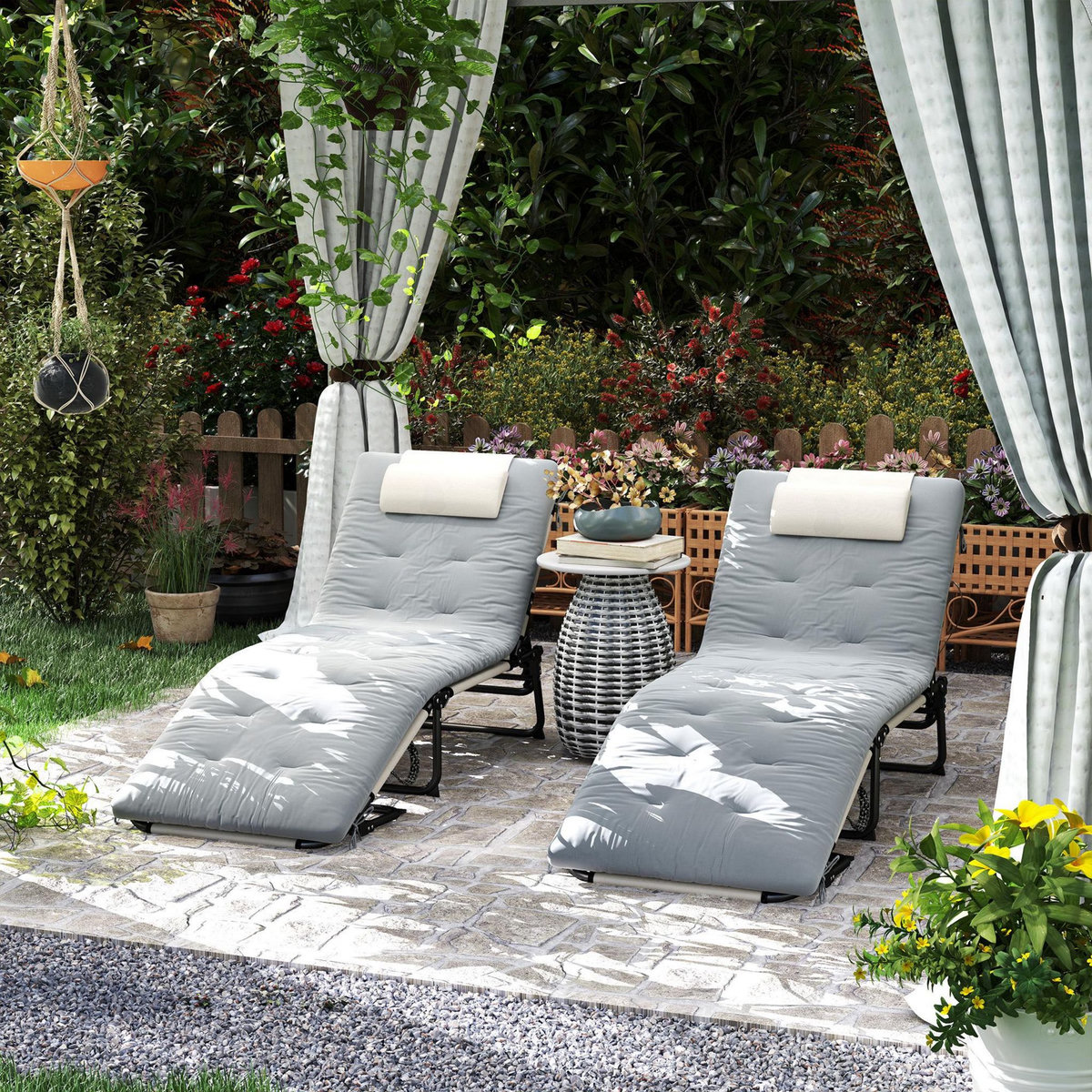 OUTSUNNY Lot de 2 transats bains de soleil pliables inclinables - tétière, matelas épais - métal tissu gris crème