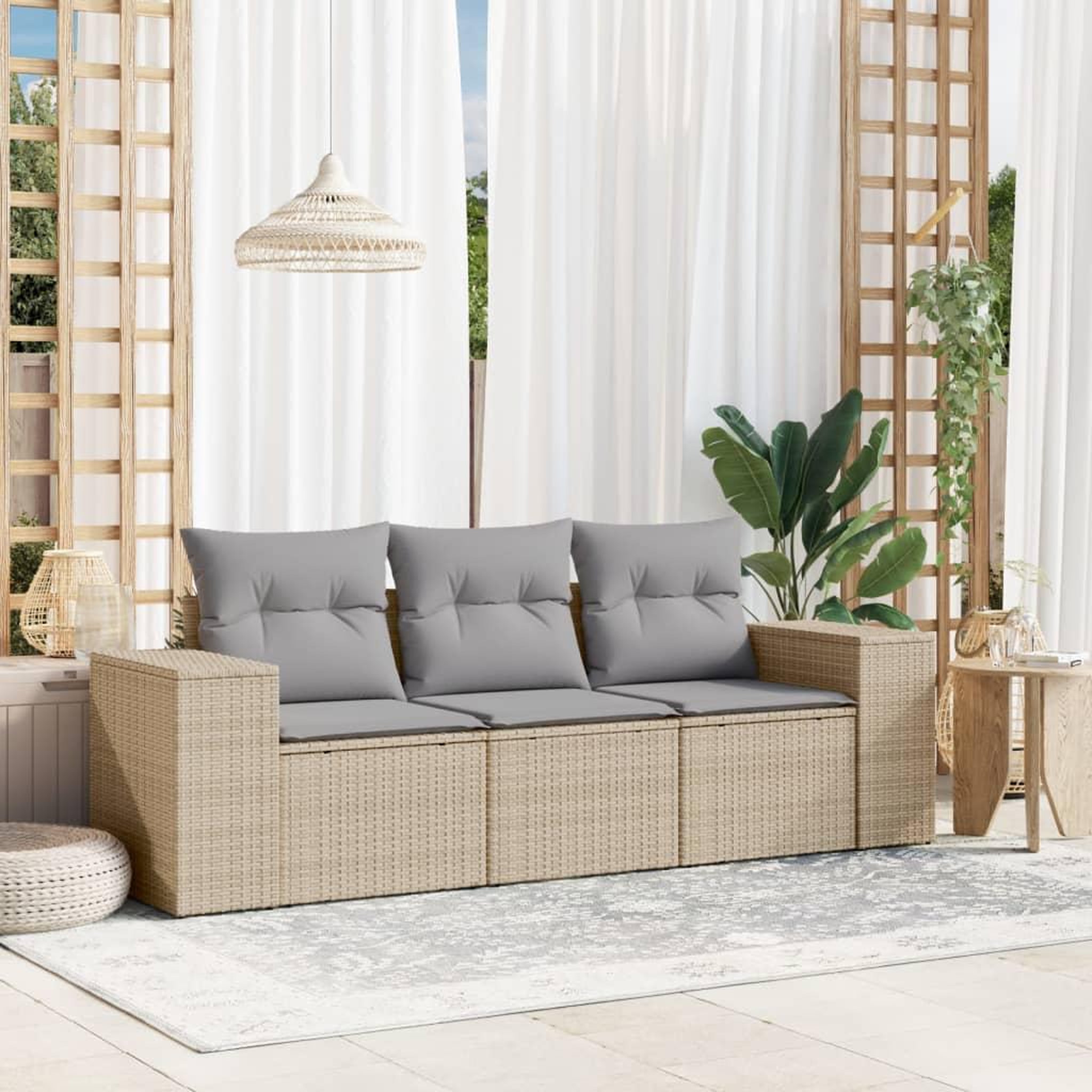 VIDAXL Salon de jardin avec coussins 3 pcs beige resine tressee