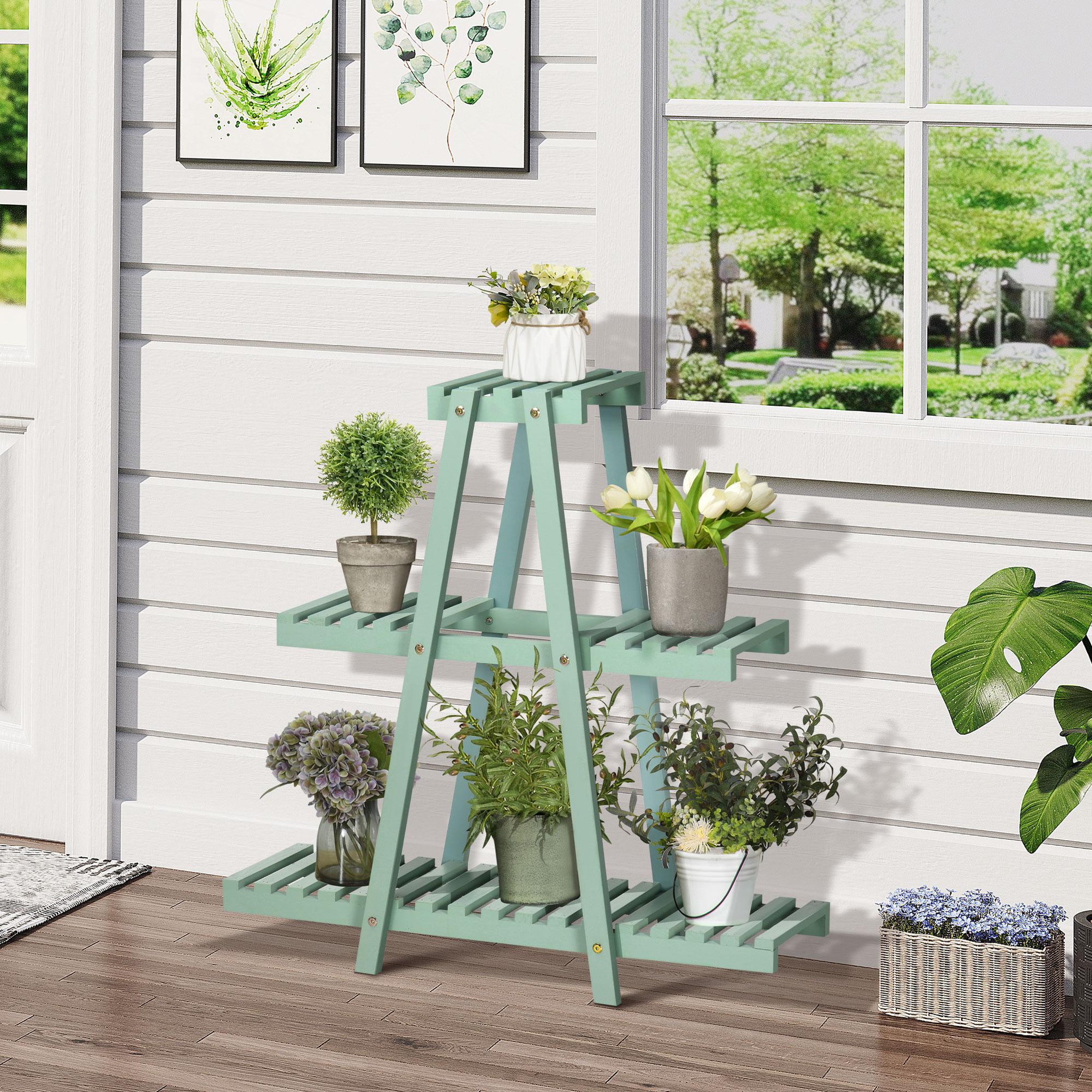 Voir la diapositive 2 : OUTSUNNY Étagère à fleurs pyramidale en bois - porte plante bois 3 étagères - dim. 76L x 26l x 76H cm - sapin vert d'eau