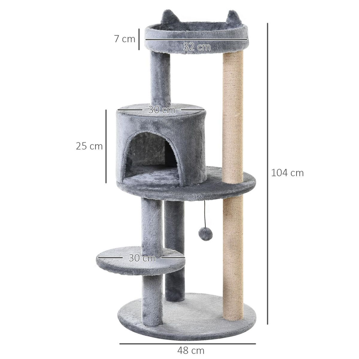 PAWHUT Arbre à chats multi-équipements griffoirs grattoirs plateformes niche jeu boule suspendue Ø 48 x 104H cm gris