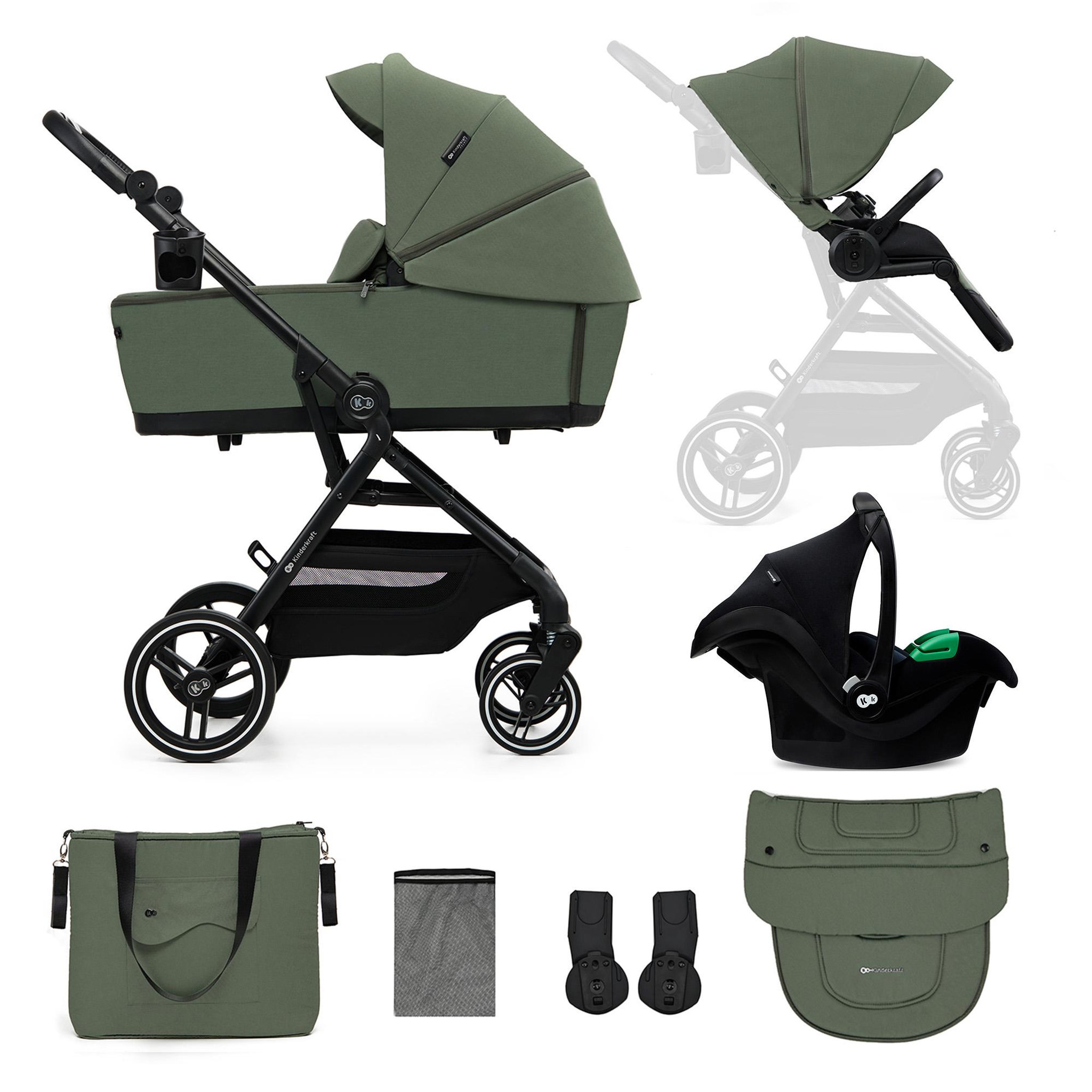Voir la diapositive 1 : KINDERKRAFT Poussette 3 en 1 avec nacelle YOXI, roues anti-crevaison et accessoires