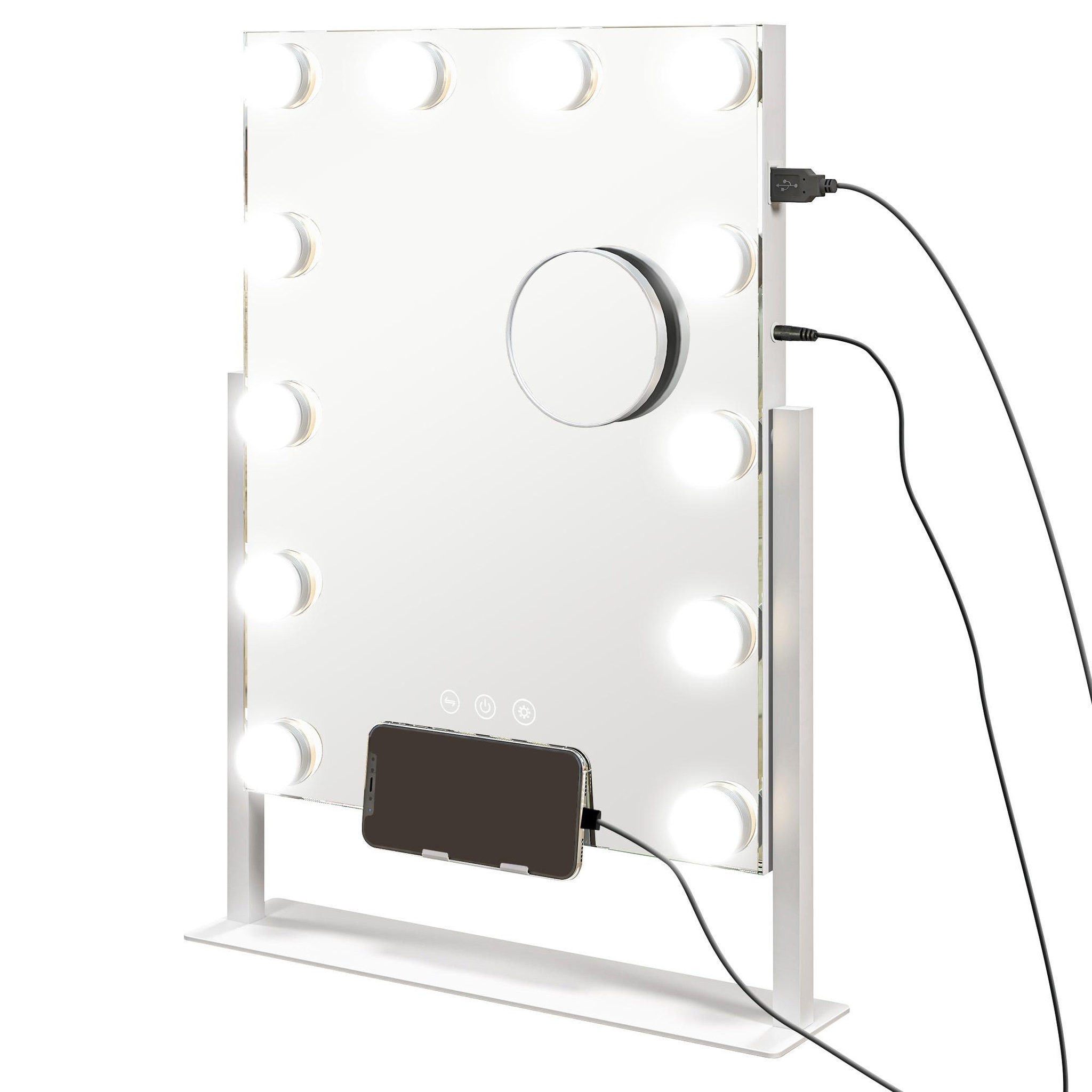 Voir la diapositive 4 : HOMCOM Miroir hollywood led rotatif grossissant dim. 36,5 x 45,5 cm 12 ampoules 3 modes luminosité port charge usb