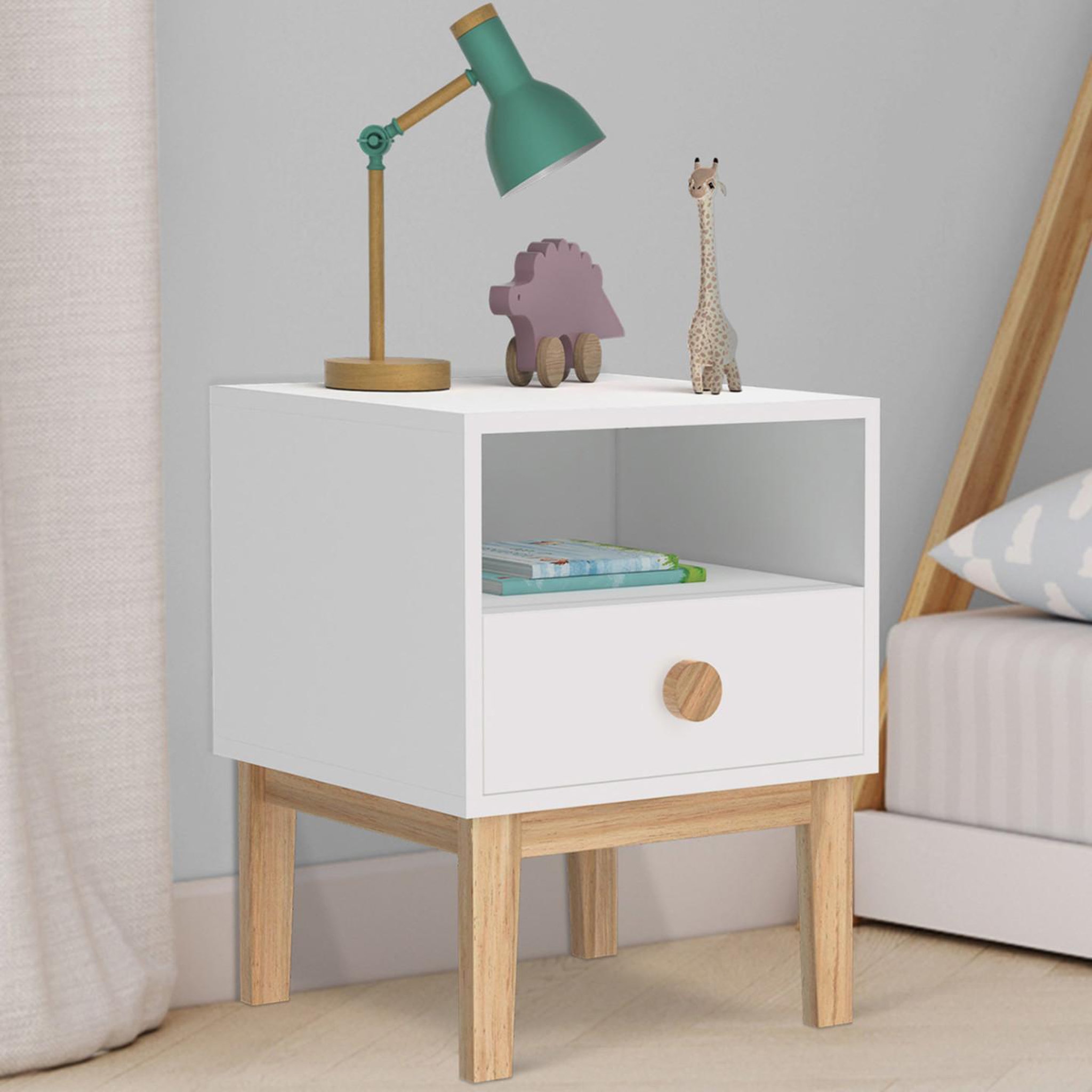 Voir la diapositive 2 : ID MARKET Table de chevet enfant jacob 1 tiroir + 1 niche blanc et bois