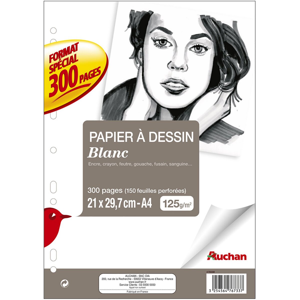 AUCHAN Pochette 300 pages papier à dessin 21x29,7cm 125g blanc