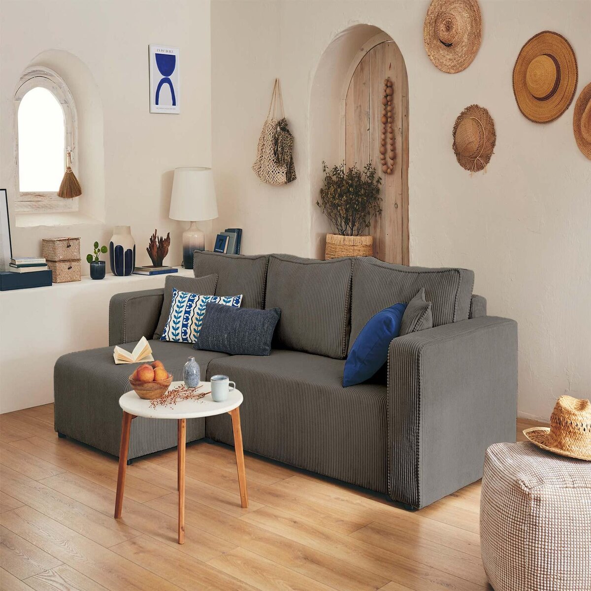 BEST MOBILIER Topaze - canapé d'angle réversible - 4 places - convertible avec coffre - en velours côtelé