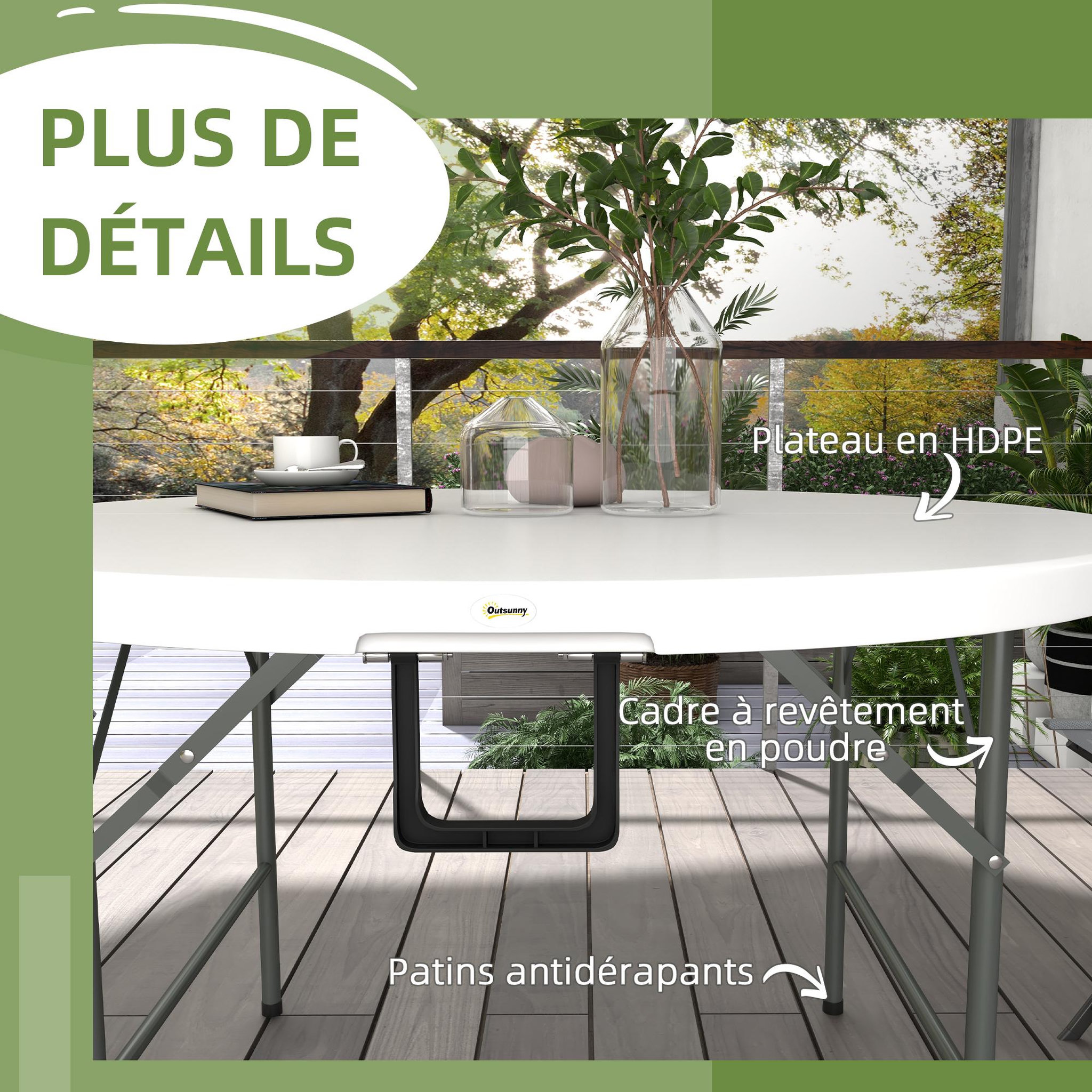 Voir la diapositive 6 : OUTSUNNY Table pliante table de camping pliable table de jardin ø 122 x 73h cm poignée acier époxy hdpe blanc