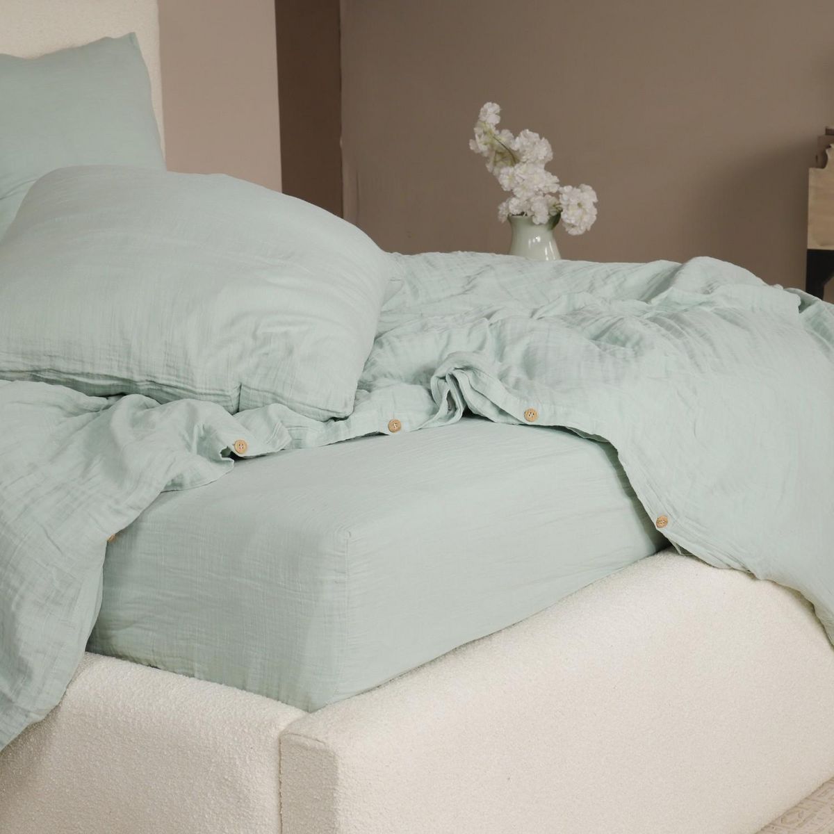 Les Ateliers du Linge Parure De Couette 3 Pcs 240x220 100% Gaze De Coton Lavé Vert Givrée