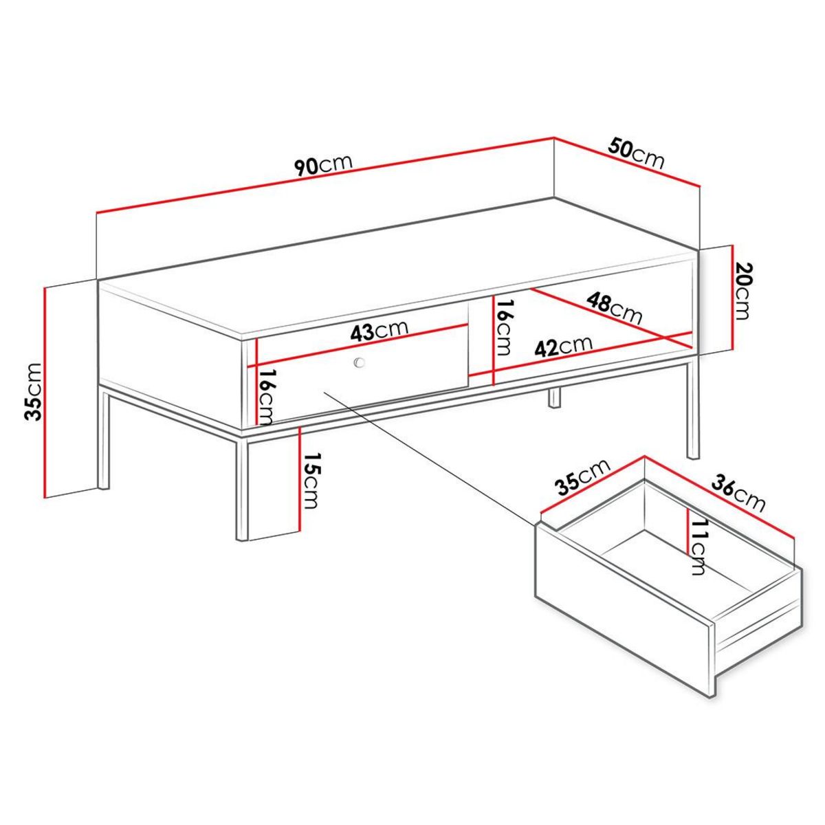 BEST MOBILIER Filipo - table basse - 1 tiroir et 1 niche - 90 cm
