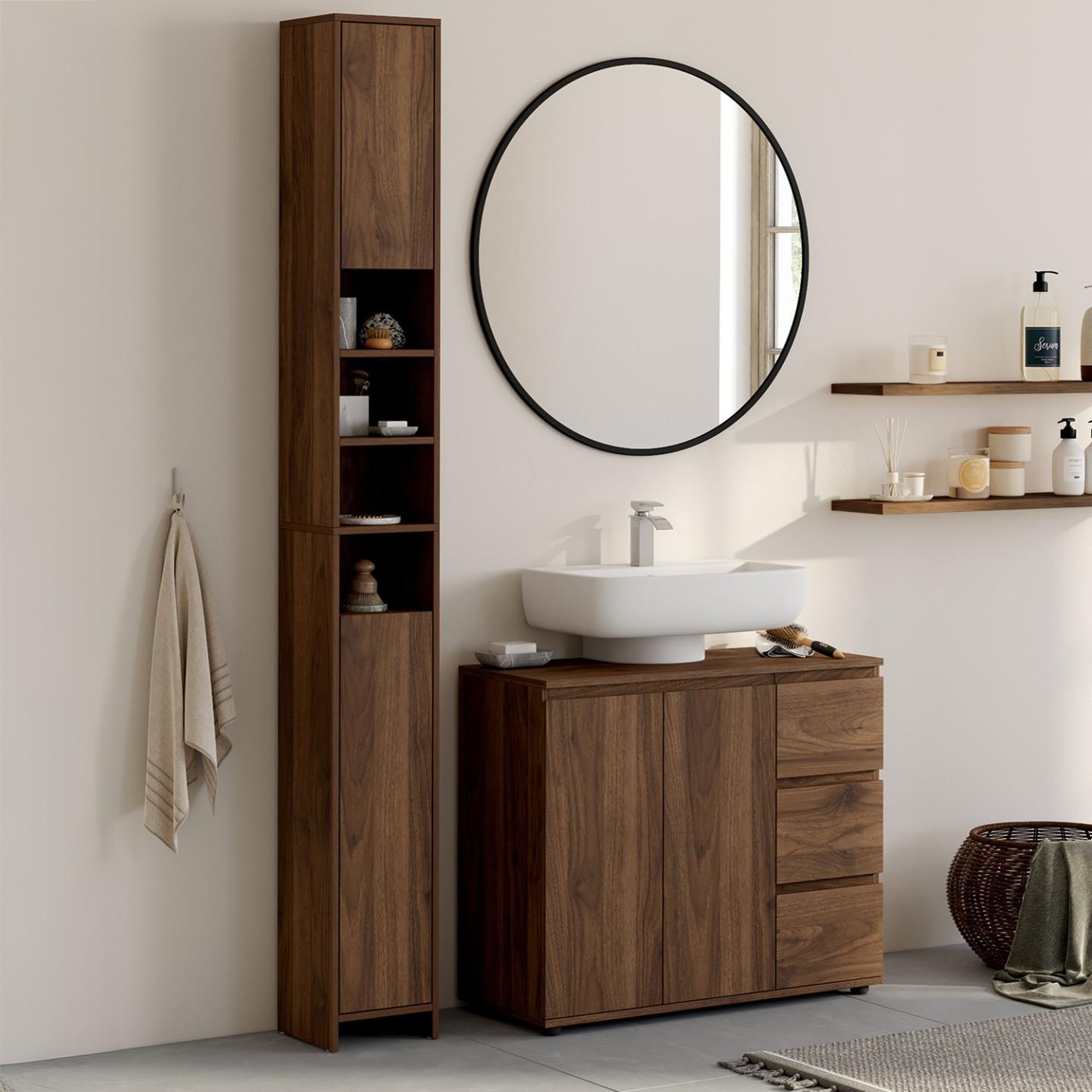 Voir la diapositive 2 : ID MARKET Meuble colonne salle de bain tomi 2 portes 4 niches effet noyer