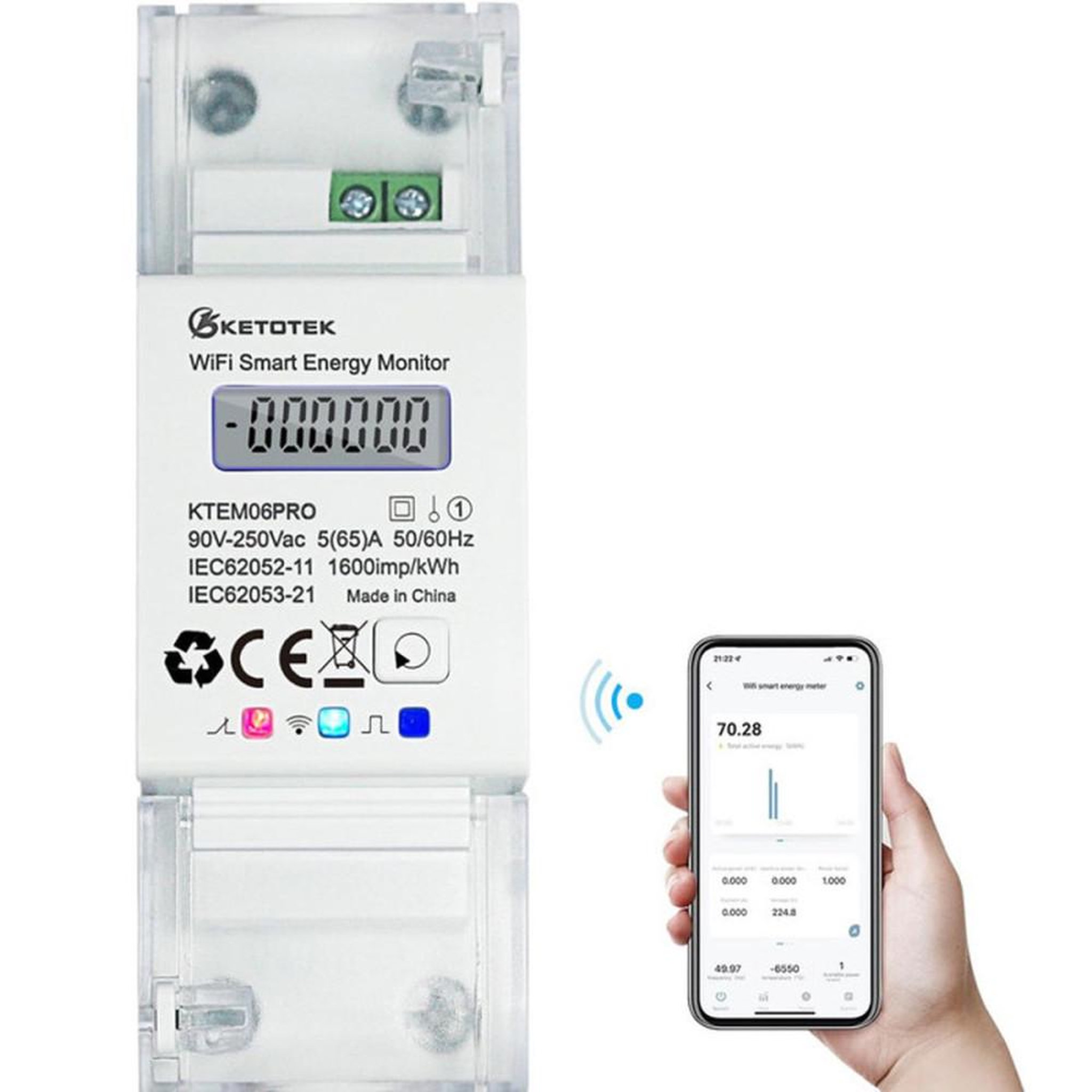 Compteur d'énergie WiFi smart DIN rail monophasé bidirectionnel 5(65)A 90-250V KTEM06PRO avec écran LCD