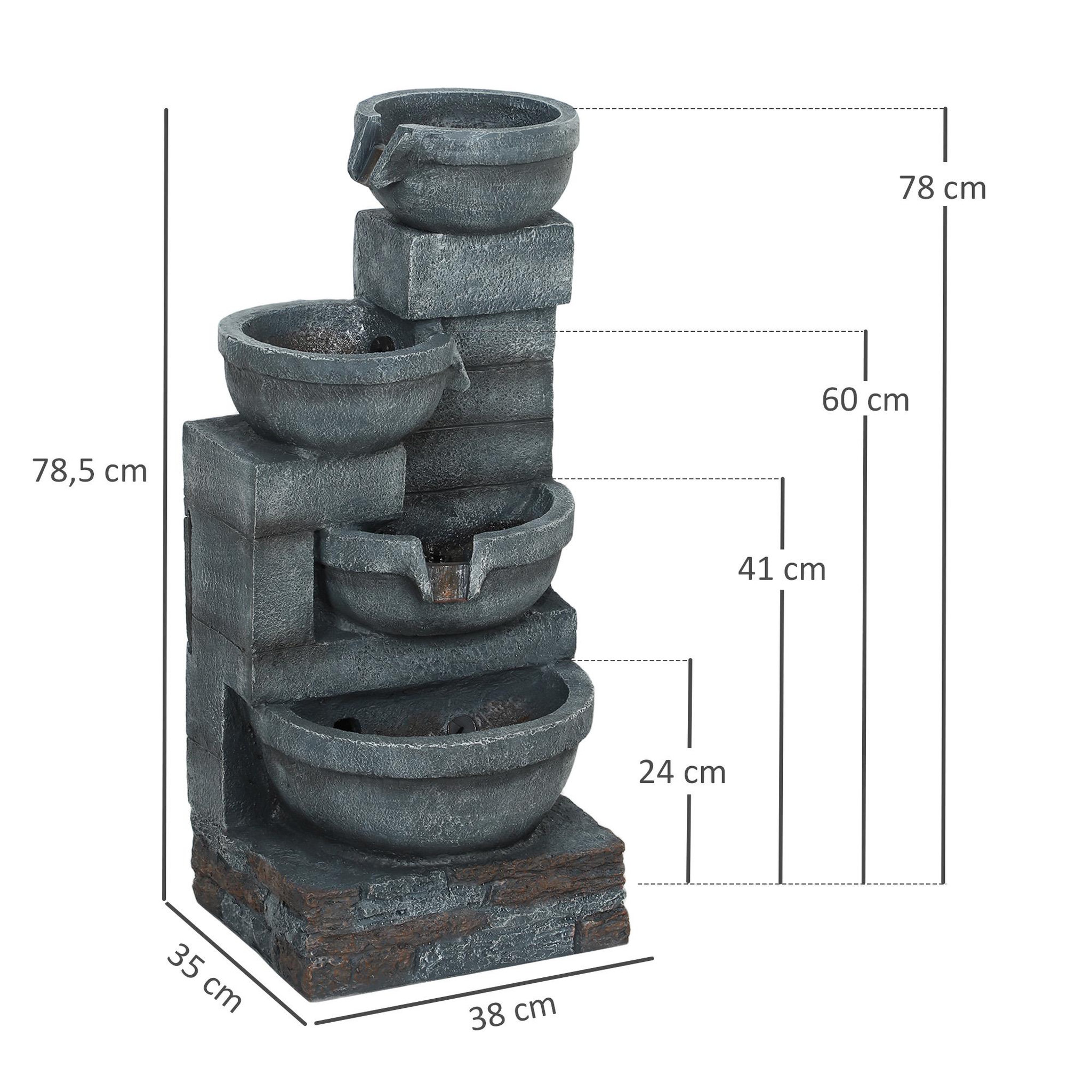Voir la diapositive 3 : OUTSUNNY Fontaine de jardin en cascade avec éclairage LED 4 niveaux - pompe inclus - 38 x 35 x 78,5 cm - résine gris