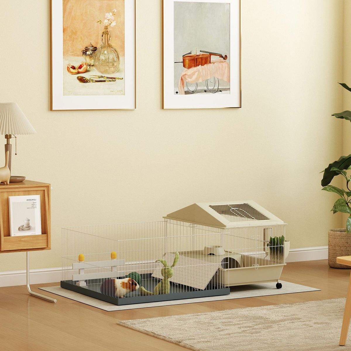 PAWHUT Cage cochon d'inde rongeur parc amovible tapis imperméable balcon bol rampe 4 roulettes acier PP gris beige