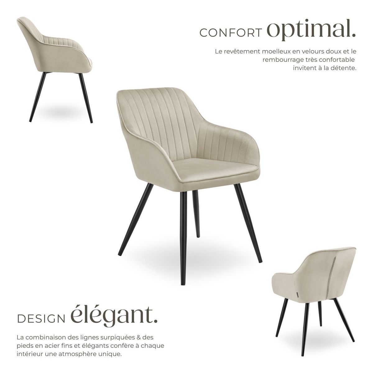 tectake Chaise de salle à manger en velours matelassée et capitonnée crème/noir Lot de 6